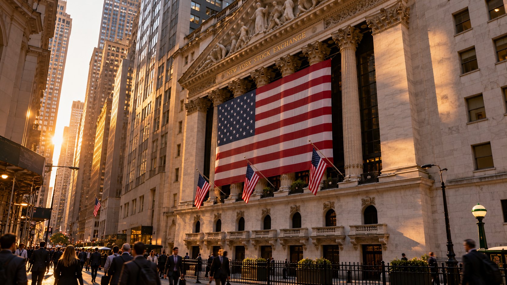 Ilustración editorial generada con IA: la fachada de la Bolsa de Nueva York, con sus columnas y una gran bandera de Estados Unidos, al atardecer en Wall Street; composición conceptual, no es una fotografía de la jornada real.