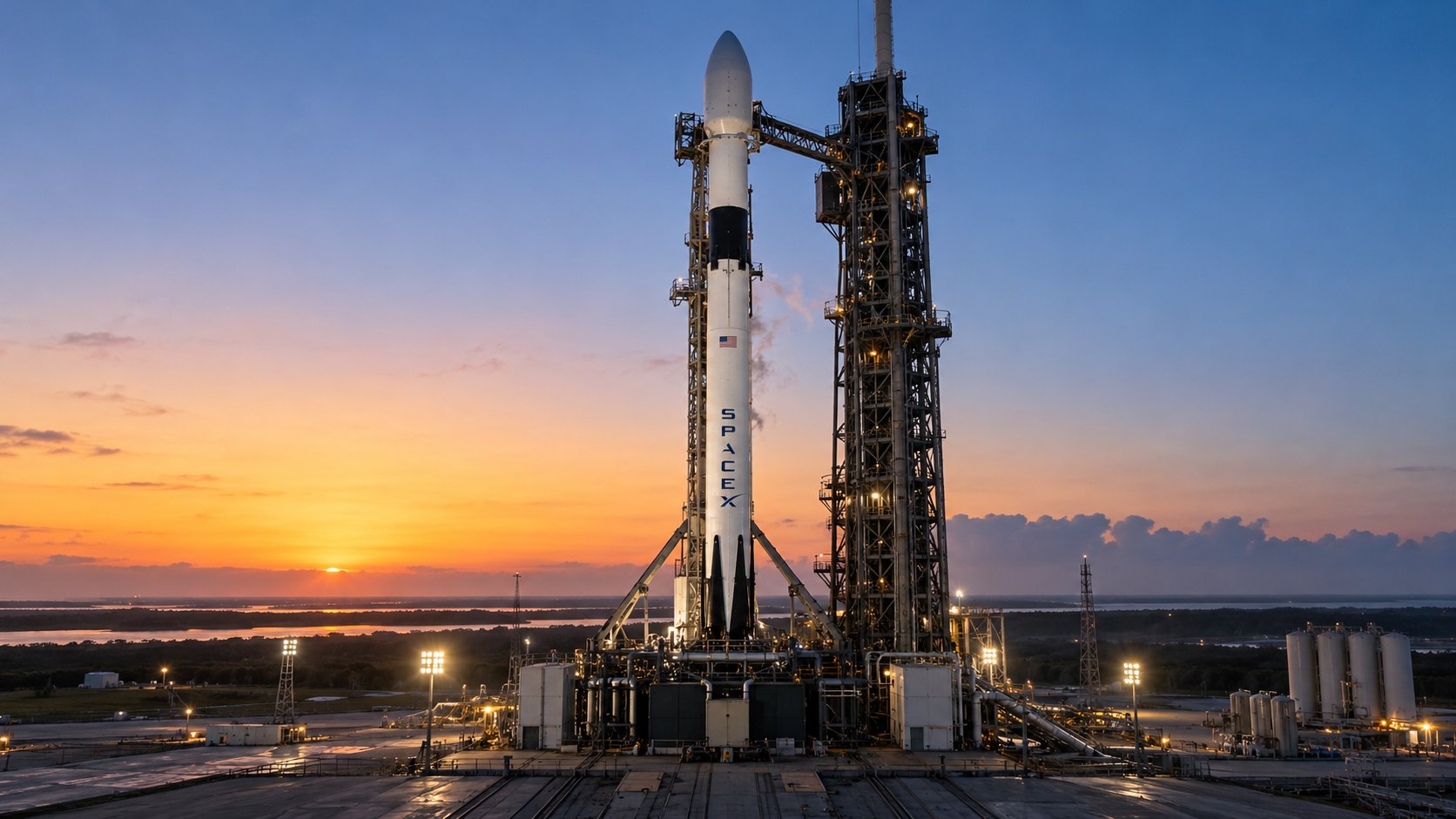 Ilustración editorial generada con IA: un cohete de SpaceX en su plataforma de lanzamiento al amanecer, con el logo de la empresa visible; composición conceptual, no es una fotografía de un lanzamiento real.