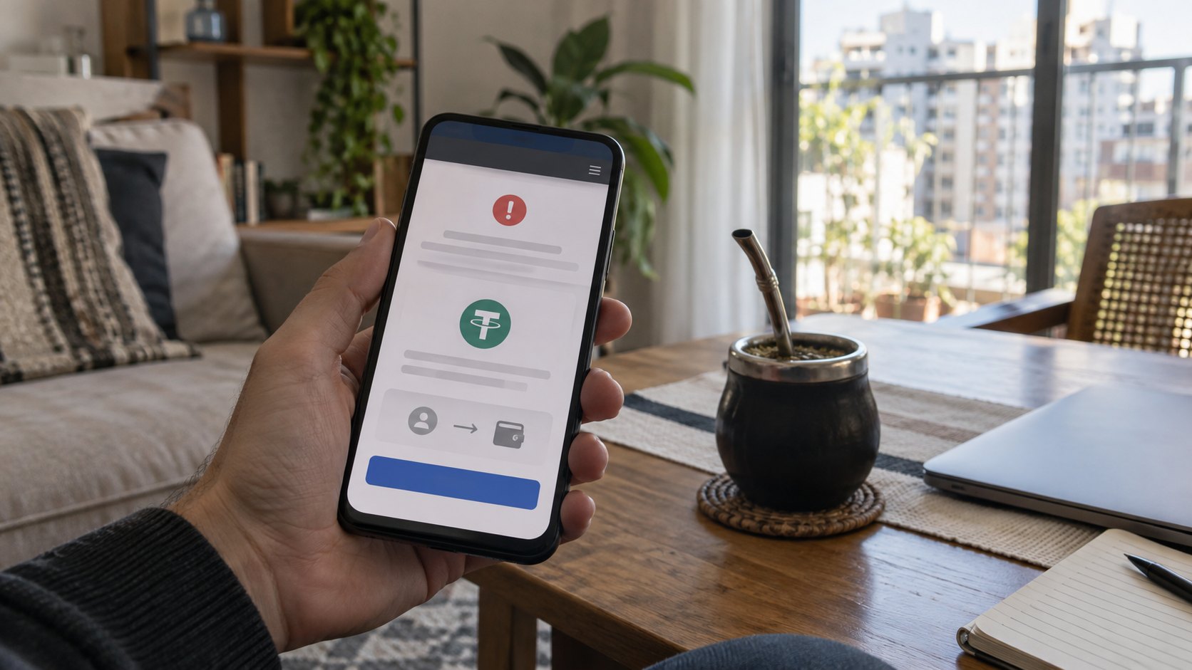 Ilustración editorial generada con IA: la mano de un usuario sostiene un celular con un aviso genérico de cese de actividades de una plataforma cripto y un botón para retirar o transferir su saldo en USDT, junto a un mate en la mesa de un living porteño; composición conceptual, no es una captura de una aplicación real.