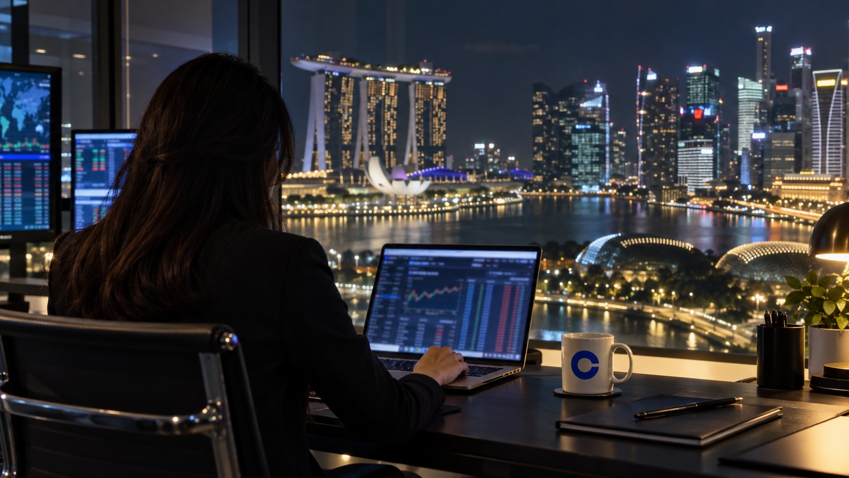 Ilustración editorial generada con IA: una operadora de espaldas trabaja de noche con una notebook frente al skyline de Singapur, con una taza con el logo de Coinbase sobre el escritorio; composición conceptual, no es una fotografía de un hecho real.