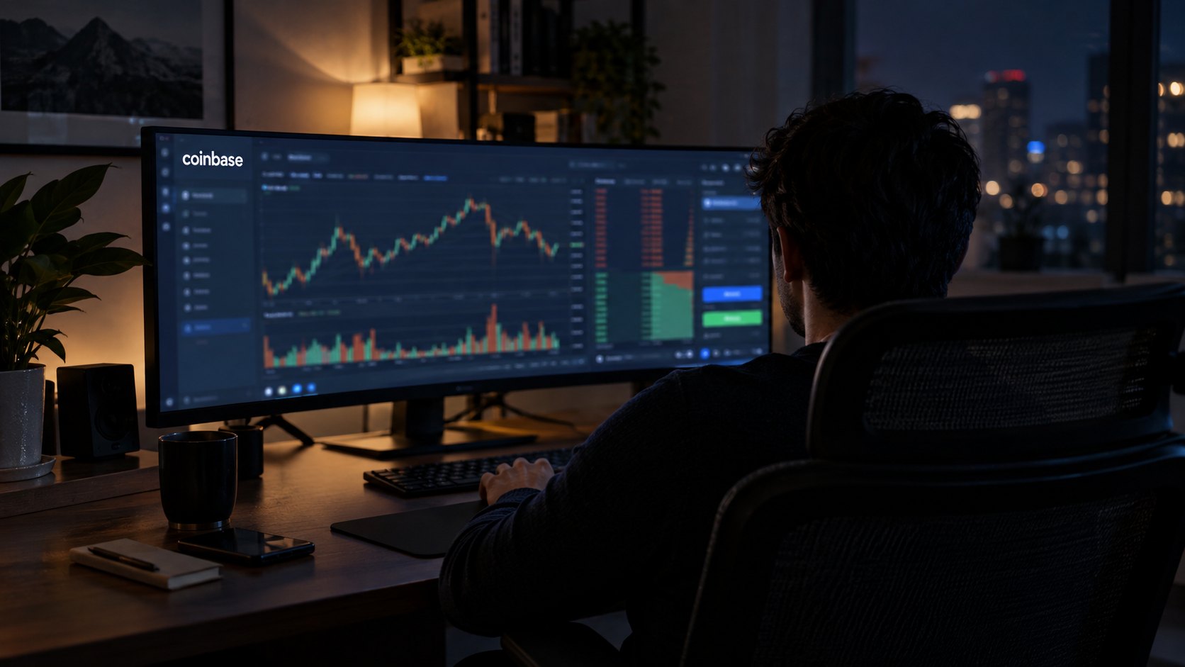 Ilustración editorial generada con IA: un operador de espaldas en su estudio de noche frente a un monitor ultrawide con una plataforma de trading oscura con el logo de Coinbase y gráficos de precios; composición conceptual, no es una captura de Coinbase Pro.