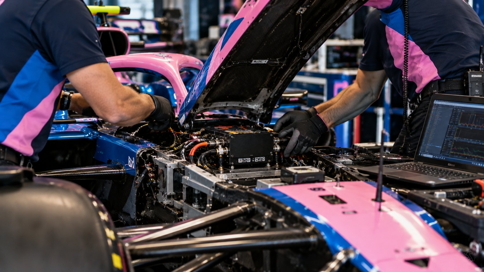 Ilustración editorial generada con IA: dos mecánicos de Alpine trabajan sobre la electrónica de un auto de Fórmula 1 con el capó levantado, junto a una laptop en el box; composición conceptual, no muestra el cambio real de la centralita.