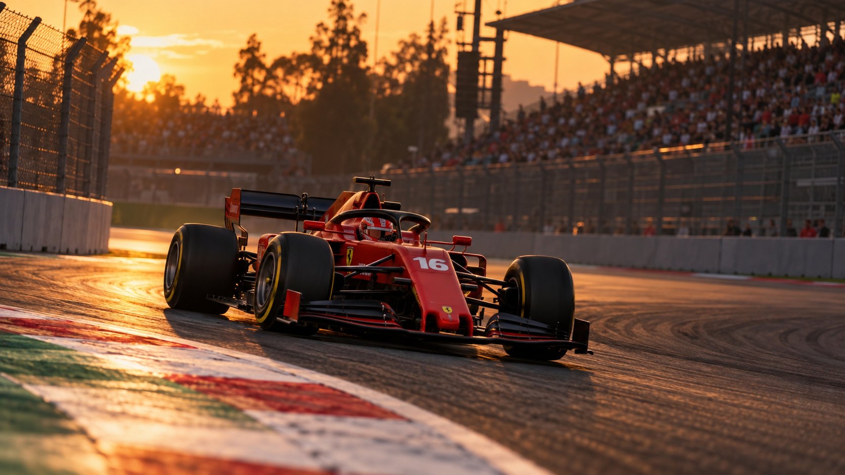 Ilustración editorial generada con IA: una Ferrari roja de Fórmula 1 con el número 16 dobla una curva del Autódromo Hermanos Rodríguez al atardecer; composición conceptual, no es una fotografía de Leclerc en la práctica del 30 de octubre.