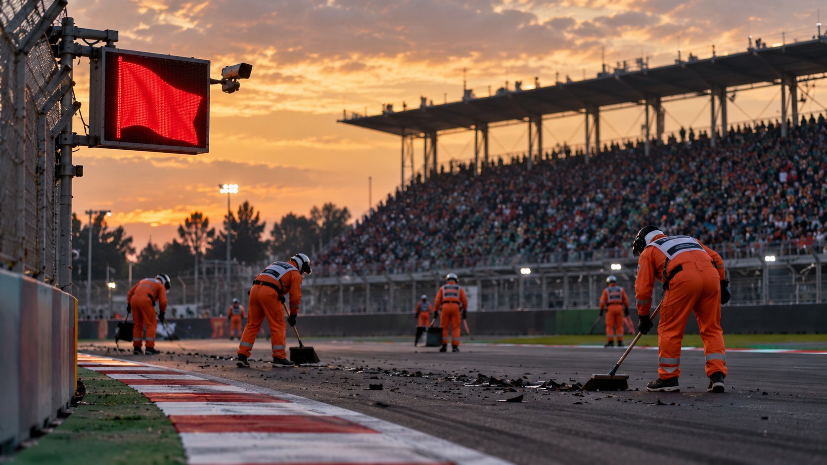 Ilustración editorial generada con IA: comisarios de pista con uniforme naranja retiran restos de fibra de carbono del asfalto en la sección del estadio del Autódromo Hermanos Rodríguez, junto a un panel de bandera roja encendido; no es una fotografía del incidente entre Verstappen y Lawson.