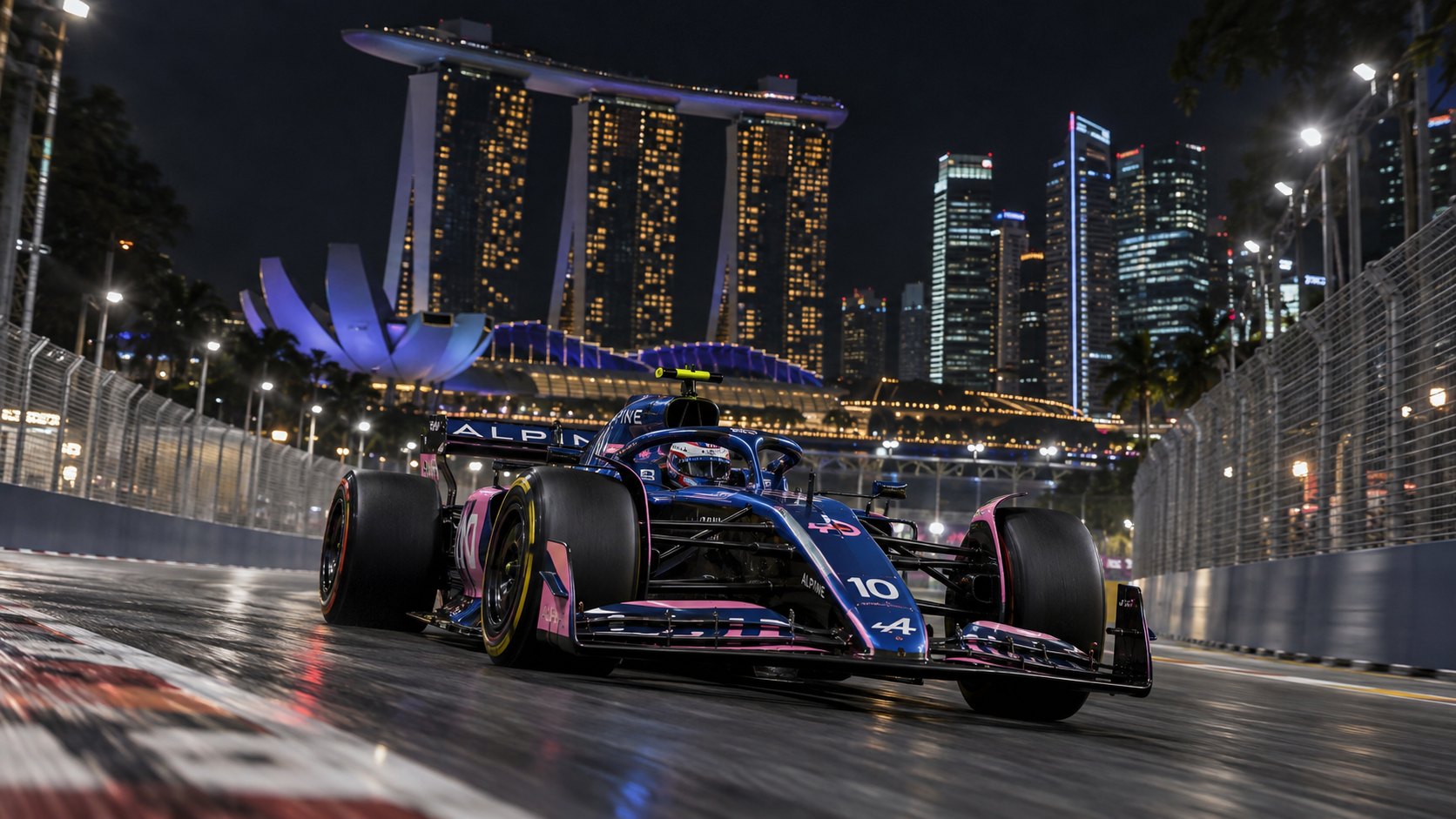 Ilustración editorial generada con IA: el Alpine azul y rosa número 10 de Fórmula 1 en carrera de noche por el circuito callejero de Marina Bay, con los rascacielos de Singapur iluminados al fondo; no es una fotografía de la carrera de Gasly.
