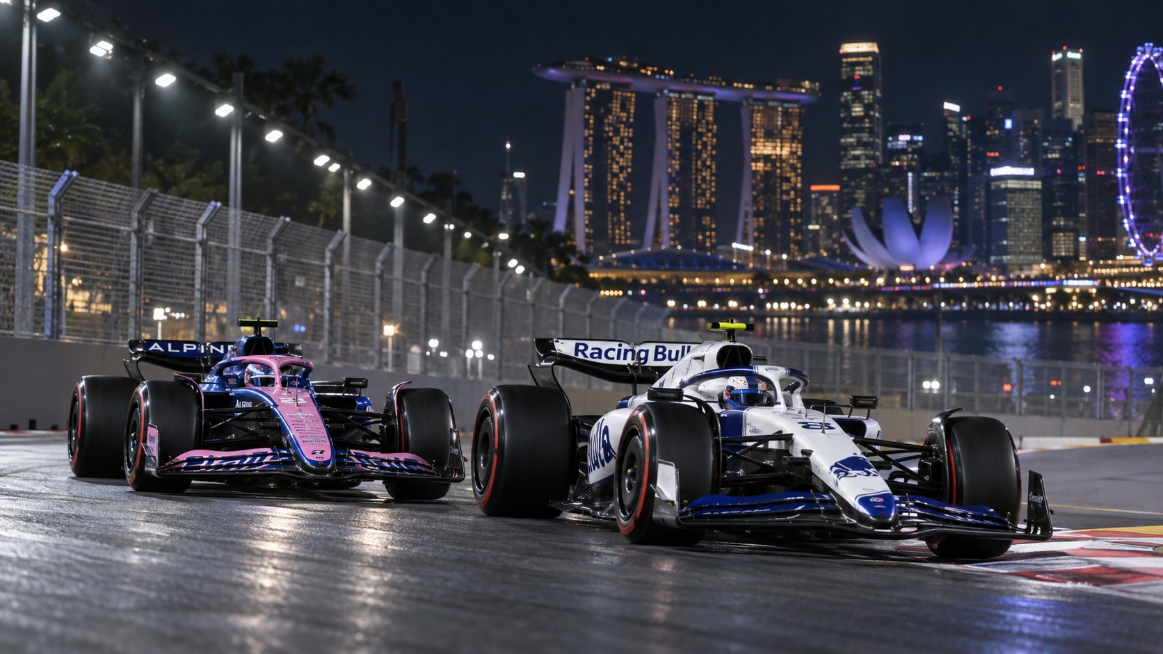 Ilustración editorial generada con IA: de noche, un Fórmula 1 azul y rosa de Alpine persigue a un Fórmula 1 blanco y azul de Racing Bulls en una curva del circuito callejero de Marina Bay, con el Marina Bay Sands y los rascacielos de Singapur iluminados de fondo; composición conceptual, no es una fotografía de una carrera.