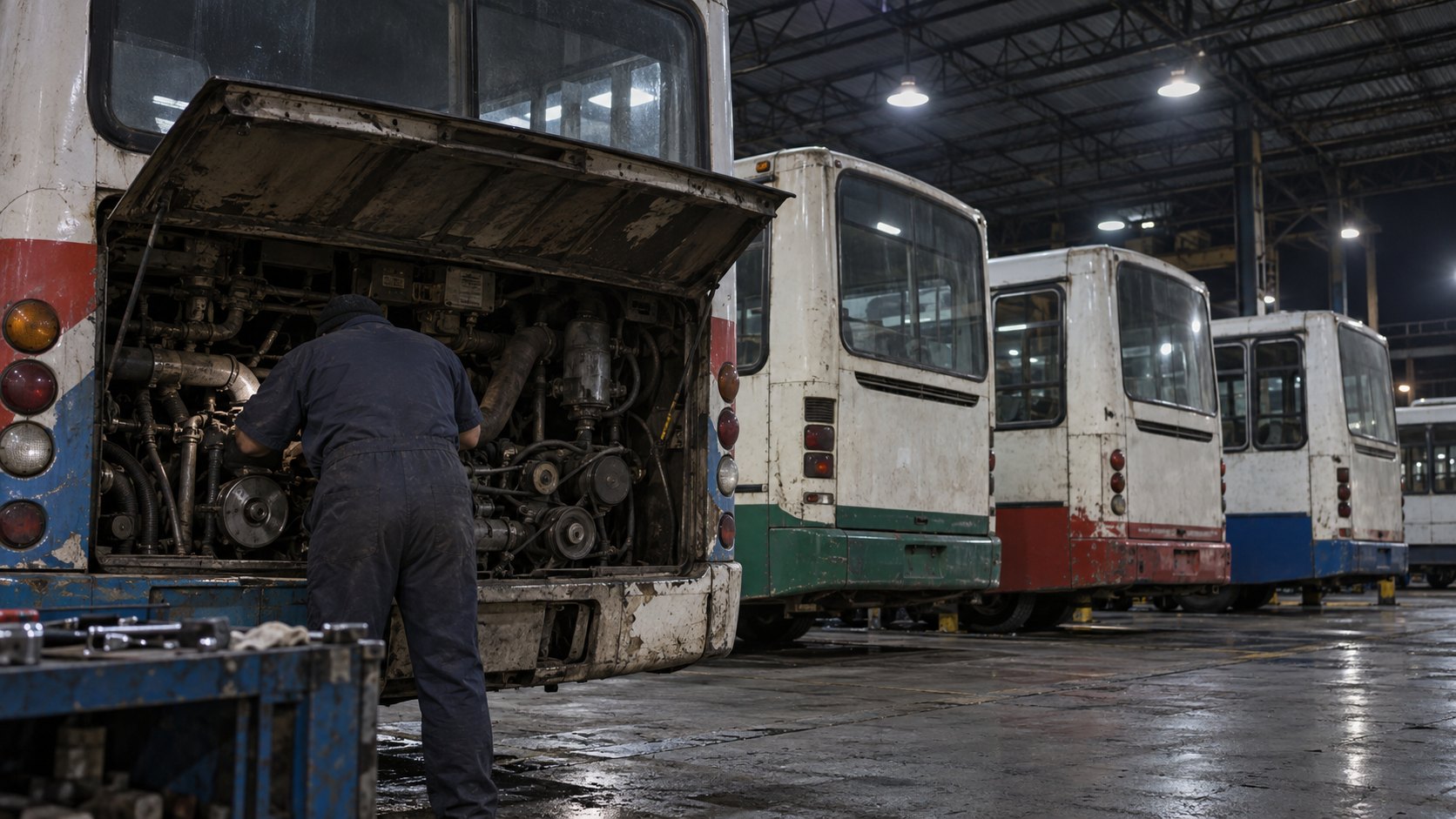 Ilustración editorial generada con IA: un mecánico de espaldas revisa el motor de un colectivo con el capó trasero abierto en una cabecera de noche, junto a una fila de unidades estacionadas; composición conceptual, no es una fotografía de una empresa real.
