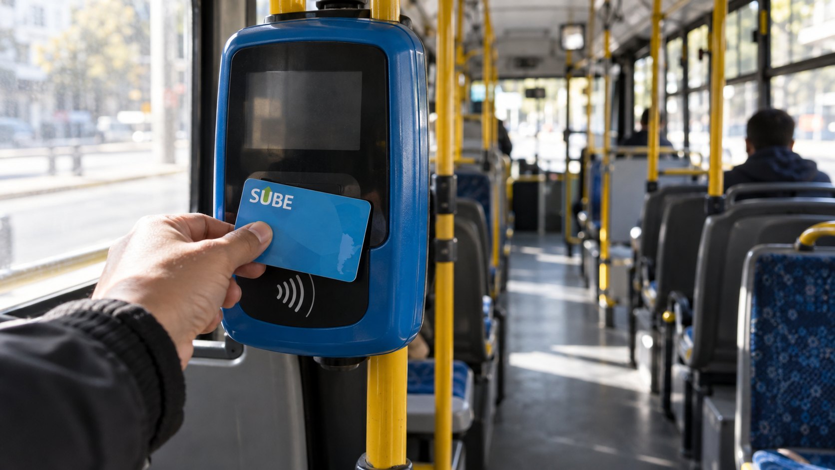 Ilustración editorial generada con IA: la mano de un pasajero apoya una tarjeta SUBE en el validador de un colectivo con el pasillo casi vacío; composición conceptual, no es una fotografía de una línea real.