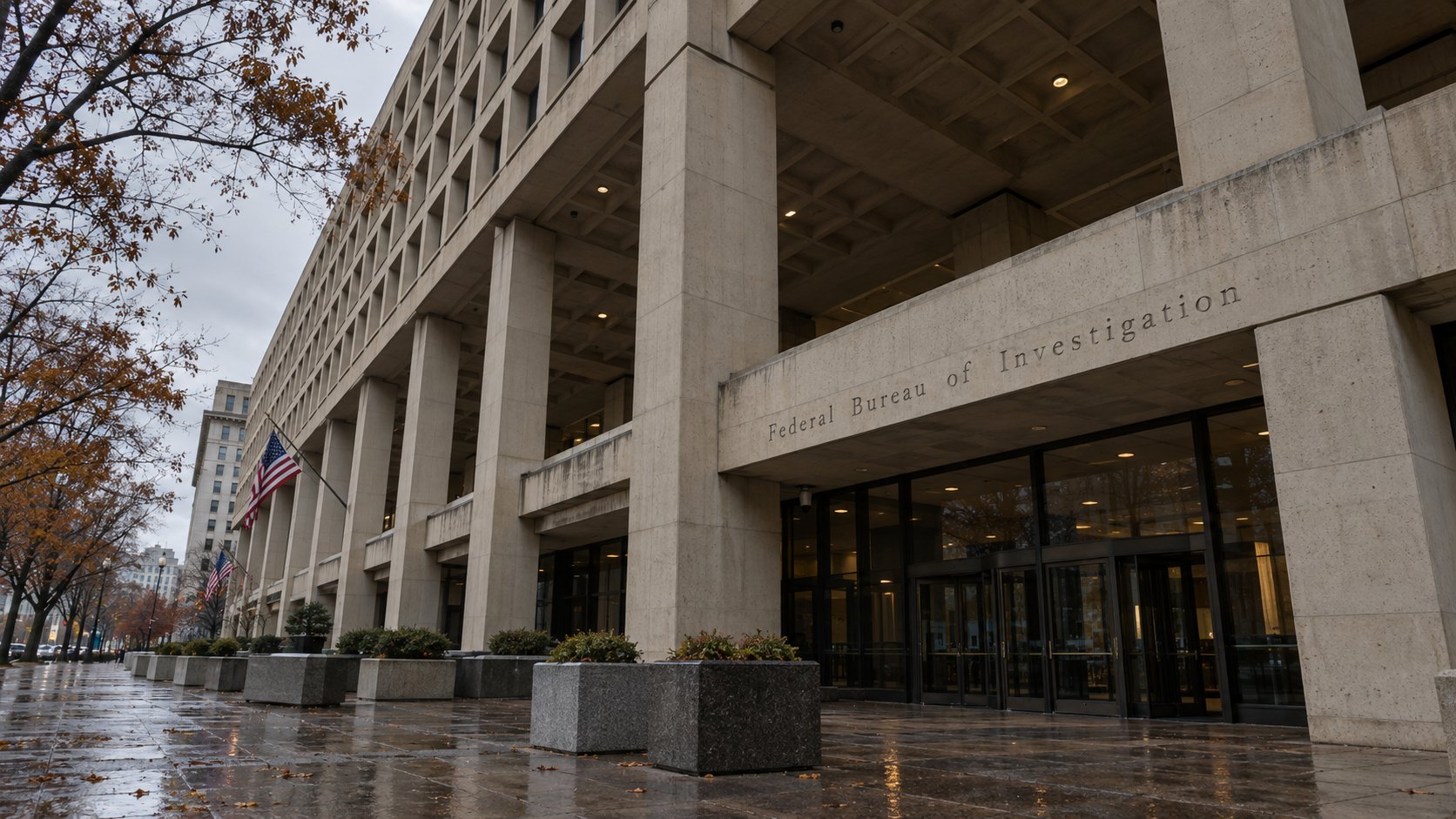 Ilustración editorial generada con IA: la fachada de hormigón del edificio J. Edgar Hoover, sede del FBI en Pennsylvania Avenue, Washington, con la inscripción «Federal Bureau of Investigation» sobre la entrada; composición conceptual, no es una fotografía del día.