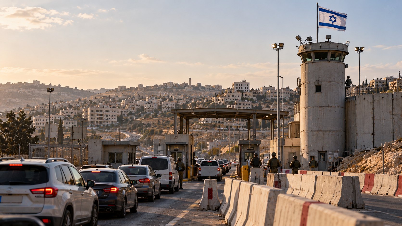 Ilustración editorial generada con IA: un puesto de control militar israelí con barreras de hormigón y una torre de vigilancia a la entrada de una ciudad palestina de Cisjordania, con autos en fila; composición representativa, no es una fotografía de un lugar real.