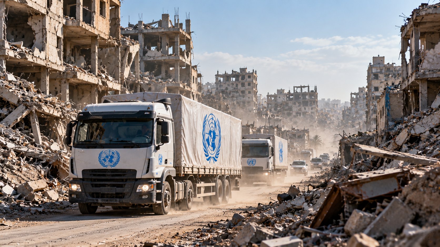 Ilustración editorial generada con IA: un camión de ayuda humanitaria con el emblema de la ONU avanza por una calle de Gaza con edificios dañados; composición representativa, no es una fotografía de un lugar real.