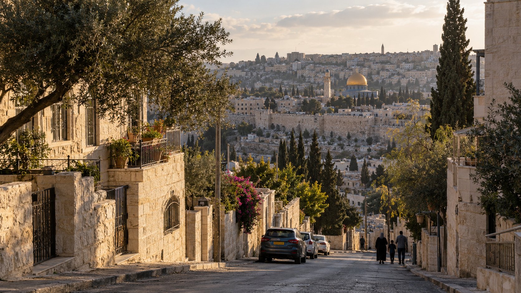Ilustración editorial generada con IA: una calle de piedra clara con olivos y cipreses en Jerusalén Este, con la Ciudad Vieja y la Cúpula de la Roca al fondo bajo la luz de la tarde; composición conceptual, no es una fotografía del barrio de Sheikh Jarrah.