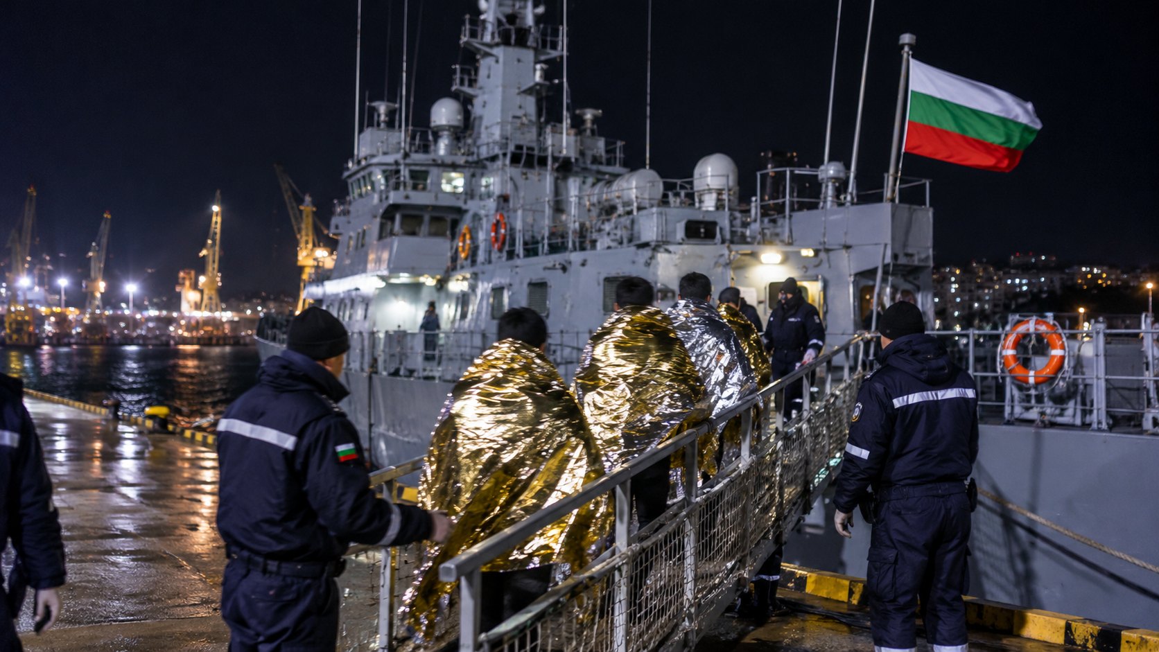 Ilustración editorial generada con IA: un buque de rescate de la Armada búlgara llega de noche a un puerto con tripulantes de un carguero envueltos en mantas, de espaldas, junto a la bandera de Bulgaria; composición conceptual, no es una fotografía del rescate real.