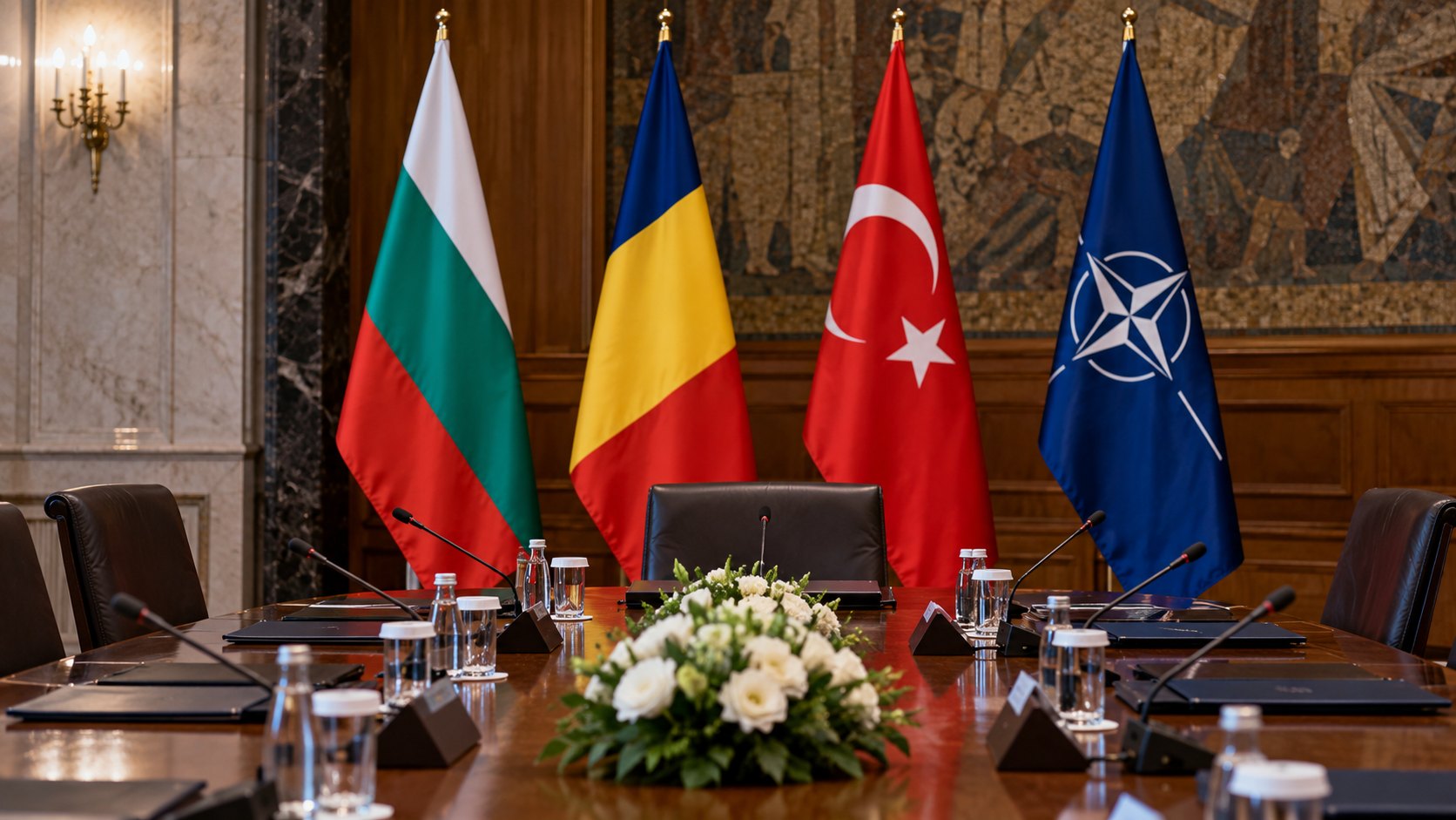 Ilustración editorial generada con IA: una mesa de reunión ministerial en Sofía con las banderas de Bulgaria, Rumania y Turquía y la bandera de la OTAN detrás, con micrófonos y carpetas, sin personas identificables; composición conceptual, no es una fotografía de la reunión real.