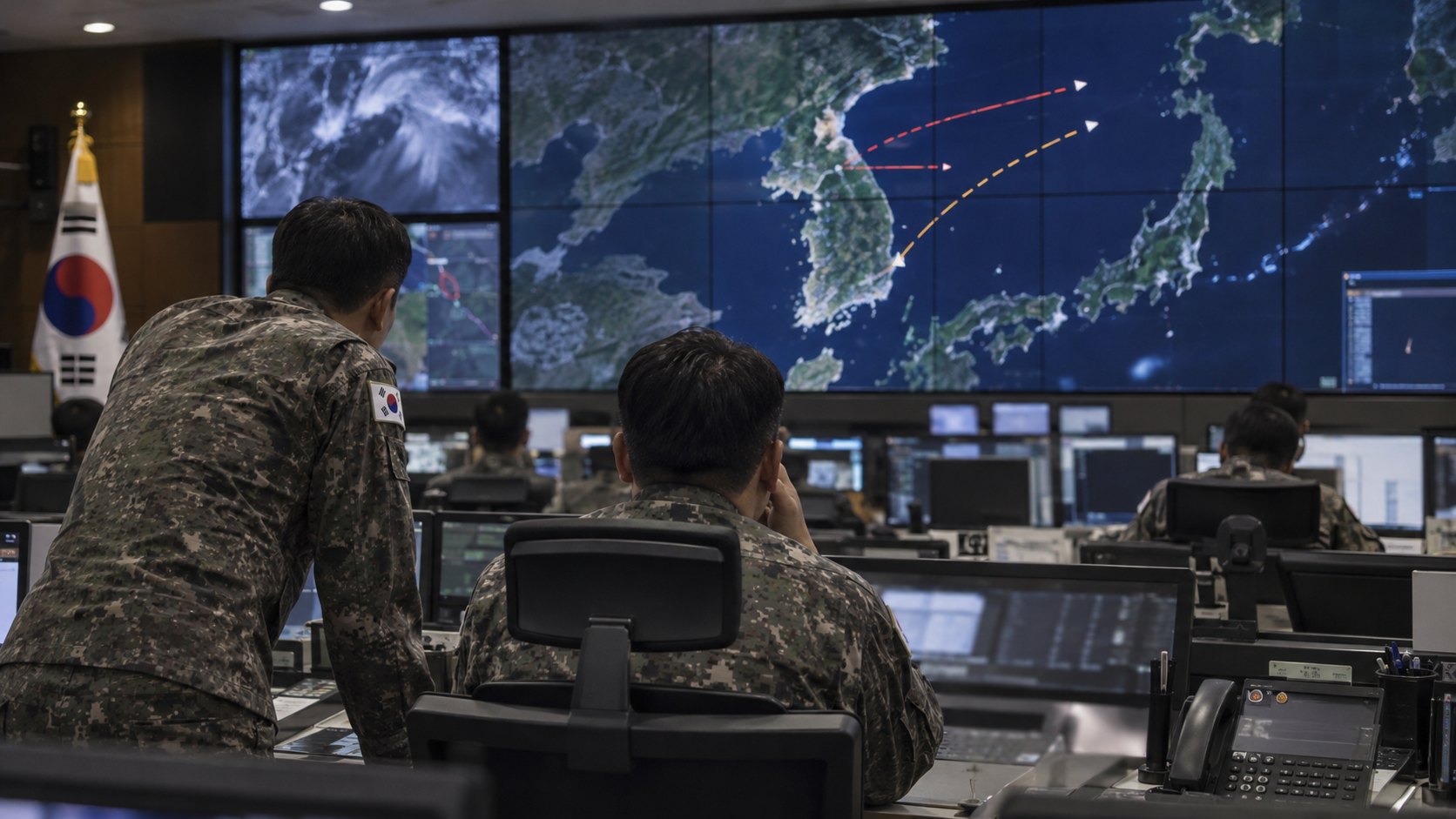 Ilustración editorial generada con IA: oficiales surcoreanos de uniforme, de espaldas, siguen en grandes pantallas la trayectoria de misiles sobre un mapa de la península coreana en una sala de operaciones militar, con la bandera de Corea del Sur; composición conceptual, no es una fotografía del Estado Mayor Conjunto.