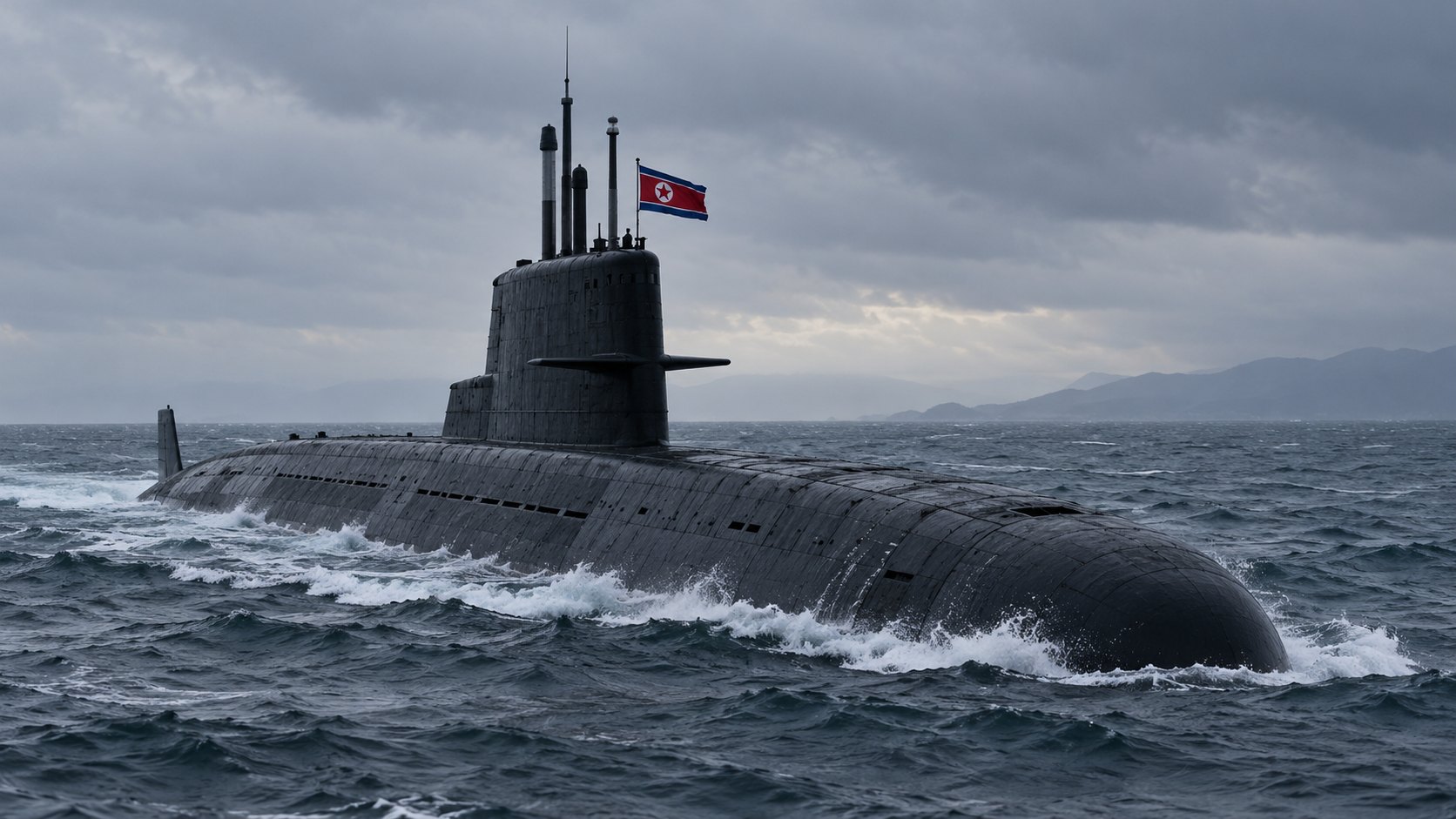 Ilustración editorial generada con IA: un submarino con la bandera de Corea del Norte en la vela navega en superficie por un mar gris bajo un cielo nublado; composición conceptual, no es una fotografía de un buque ni del ensayo del 14 de octubre.