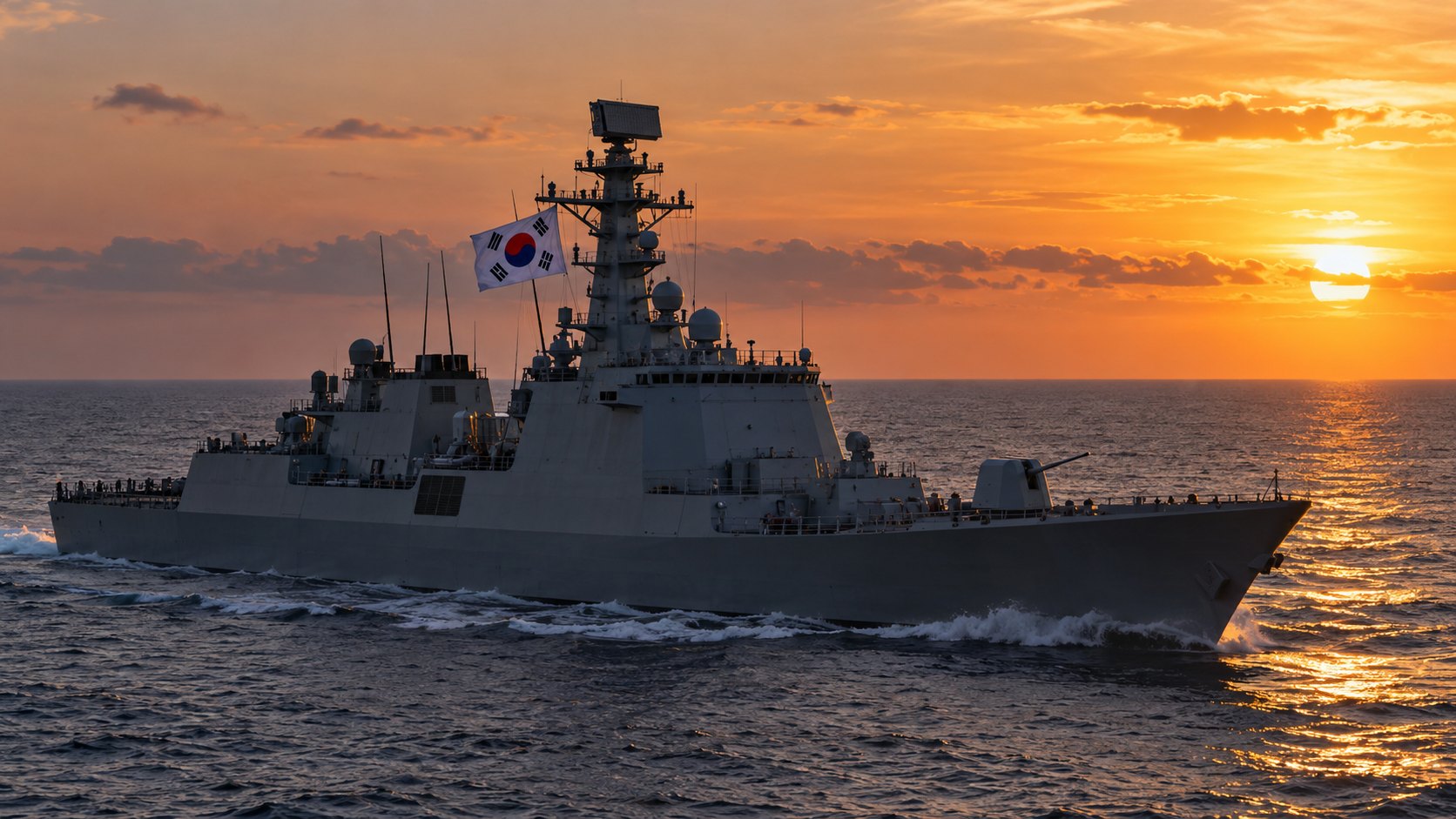 Ilustración editorial generada con IA: un destructor con la bandera de Corea del Sur en el mástil patrulla el mar al atardecer con su radar en lo alto; composición conceptual, no es una fotografía de un buque real ni de la vigilancia del Estado Mayor Conjunto surcoreano.