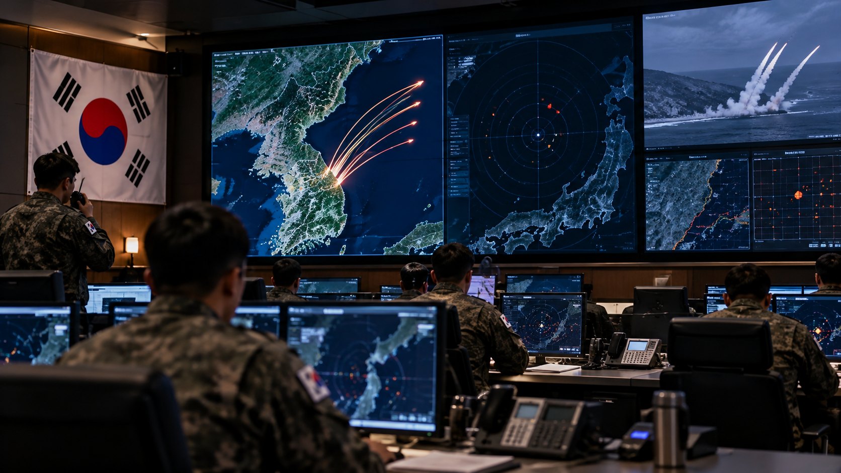 Ilustración editorial generada con IA: una sala de situación militar surcoreana en penumbra con pantallas que muestran mapas de la península coreana y oficiales de espaldas junto a una bandera de Corea del Sur; composición conceptual, no es una fotografía documental.