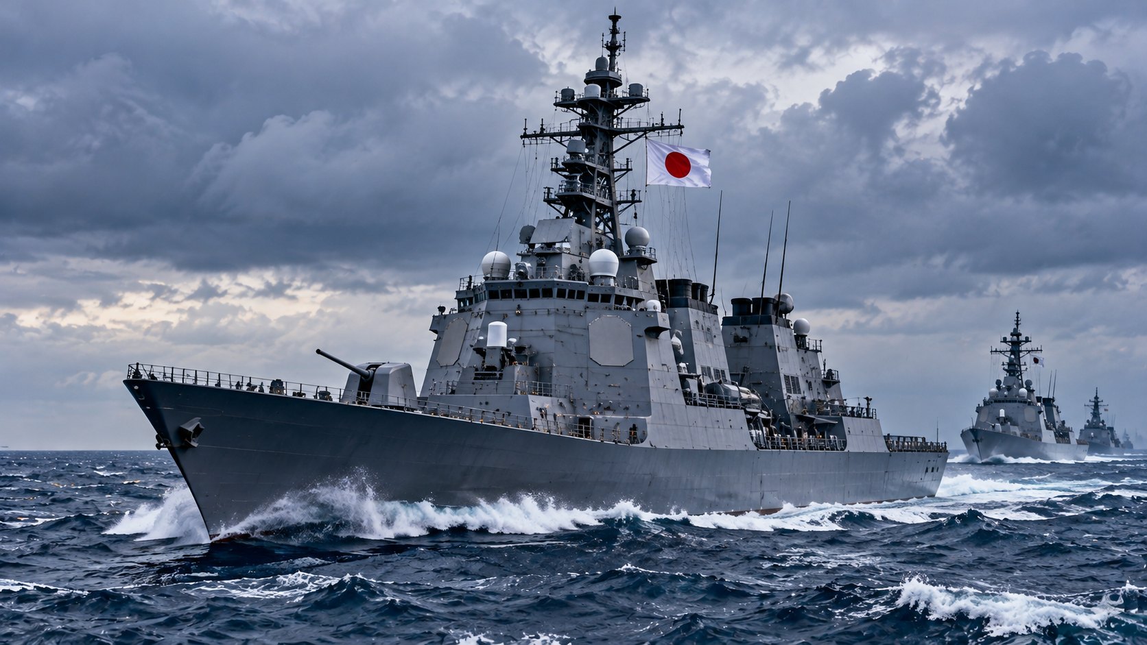 Ilustración editorial generada con IA: un destructor de la Fuerza Marítima de Autodefensa de Japón con una bandera de Japón navegando en mar abierto bajo cielo nublado; composición conceptual, no es una fotografía documental.