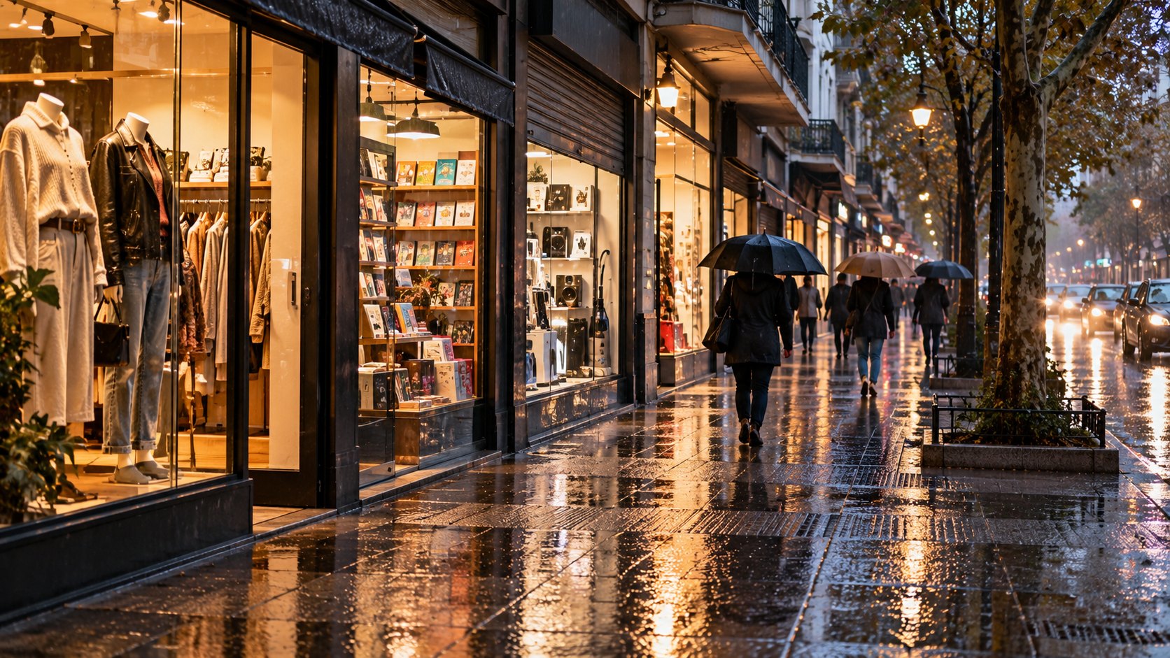Ilustración editorial generada con IA: una vereda comercial de barrio en Buenos Aires con persianas a medio subir y vidrieras iluminadas bajo la lluvia, con pocos peatones con paraguas; composición conceptual, no es una fotografía de una calle real.