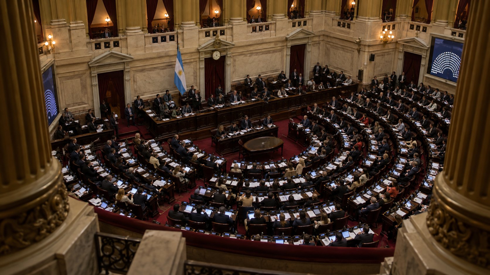Ilustración editorial generada con IA: el recinto de la Cámara de Diputados de la Nación visto desde las galerías durante una sesión nocturna, con las bancas ocupadas por legisladores anónimos y banderas argentinas; no es una fotografía de la sesión real.