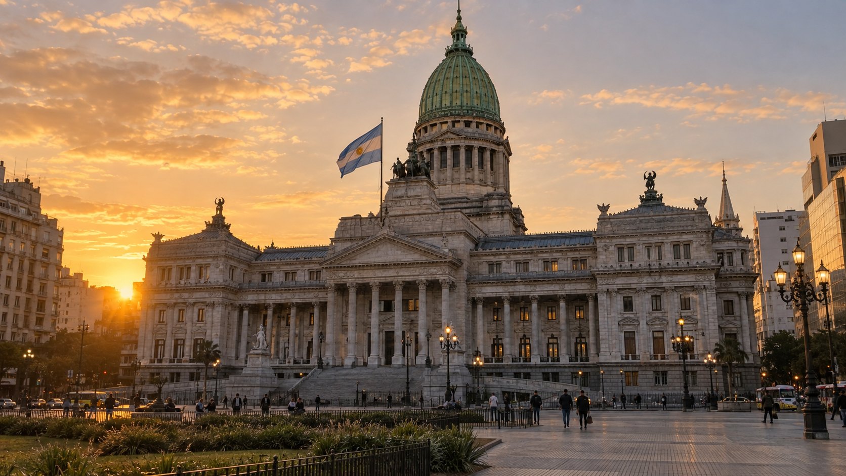 Ilustración editorial generada con IA: el Palacio del Congreso de la Nación Argentina, con su cúpula y la escalinata, visto desde la Plaza del Congreso al atardecer; no es una fotografía de un hecho real.