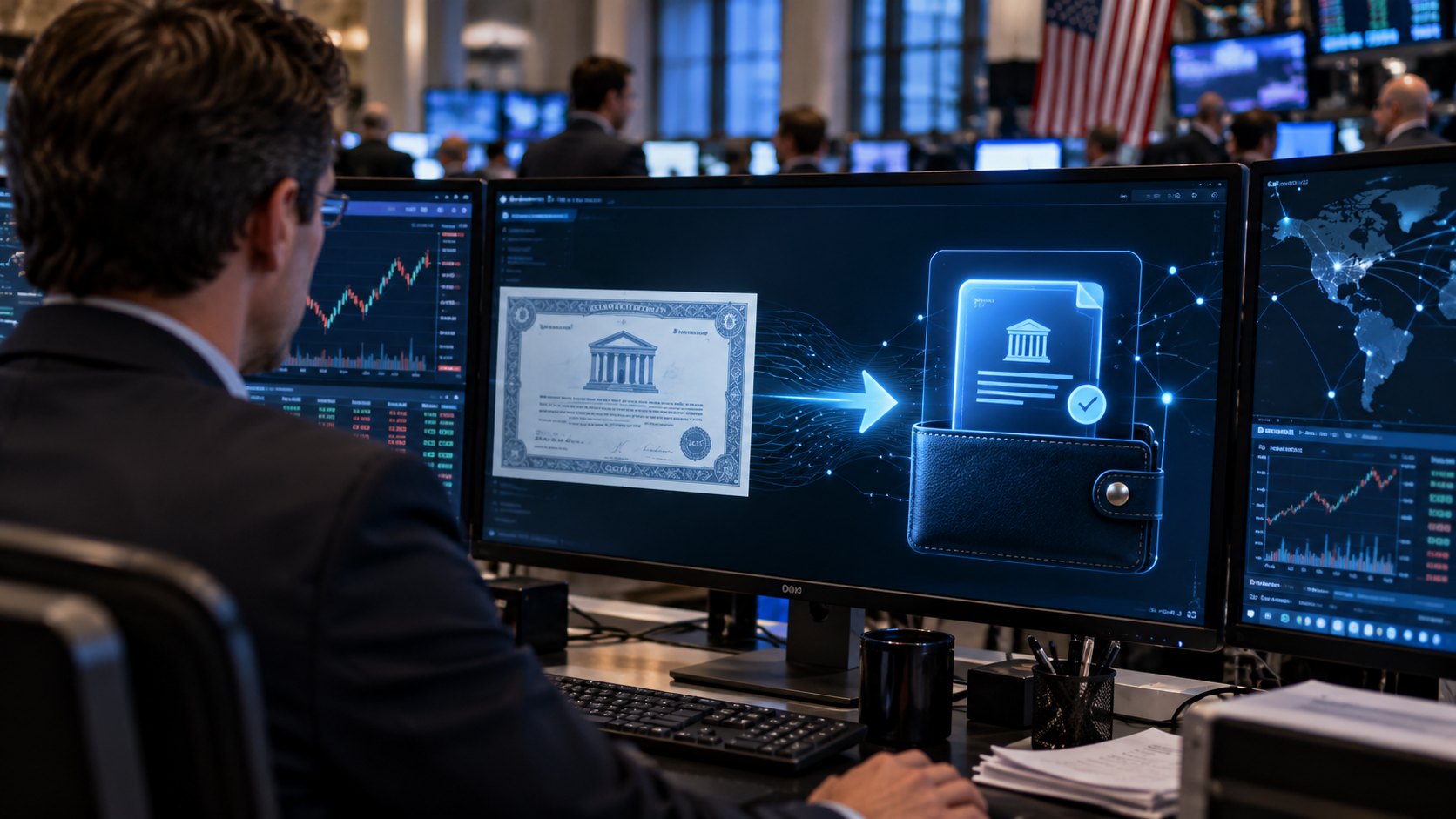 Ilustración editorial generada con IA: un operador de espaldas en una mesa de operaciones de Wall Street mira un monitor donde un certificado de título tradicional pasa a una billetera digital institucional; composición conceptual, no es una captura del servicio de DTCC.