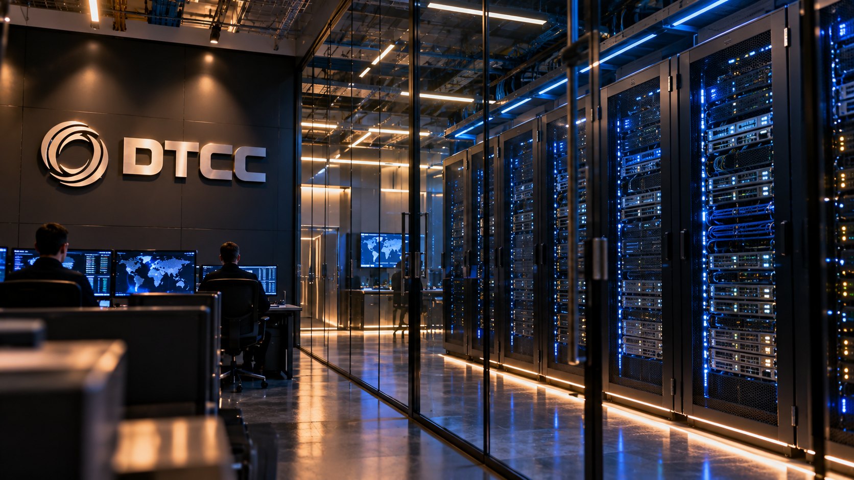 Ilustración editorial generada con IA: una sala de servidores con hileras de racks iluminados y el logo de DTCC en la pared, con operadores frente a monitores; composición conceptual, no es una fotografía de un centro de datos real de DTCC.