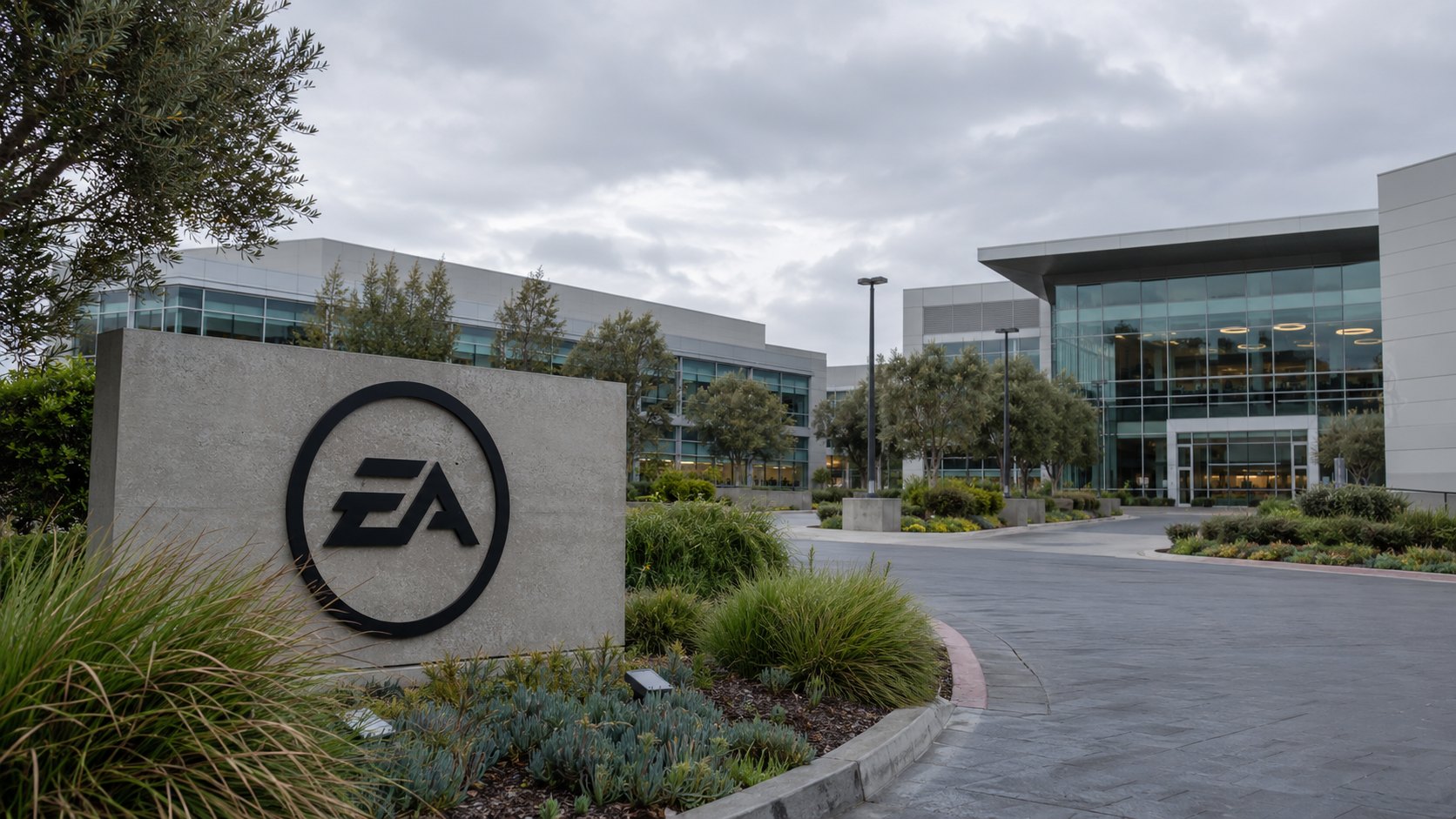 Ilustración editorial generada con IA: el cartel con el logo de EA a la entrada del campus de Electronic Arts en Redwood Shores, California, bajo un cielo nublado; composición conceptual, no es una fotografía real.