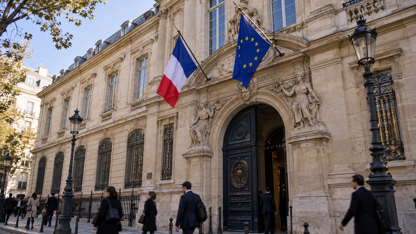 Ilustración editorial generada con IA: la fachada de piedra de la sede de la Banque de France, en París, con banderas de Francia y de la Unión Europea en la entrada y peatones en la vereda; imagen representativa del supervisor francés ACPR, no es una fotografía del día de la decisión.