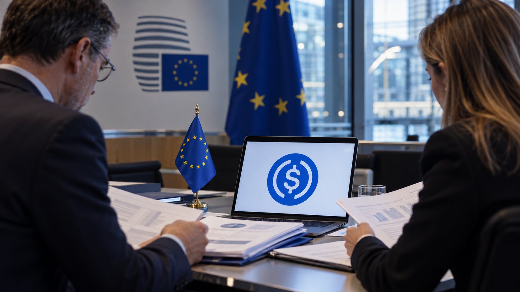 Ilustración editorial generada con IA: dos supervisores de traje revisan carpetas con informes impresos junto a una laptop con el logotipo de USDC y una pequeña bandera de la Unión Europea, en una sala de reuniones; escena representativa, no muestra a funcionarios reales de la EBA.