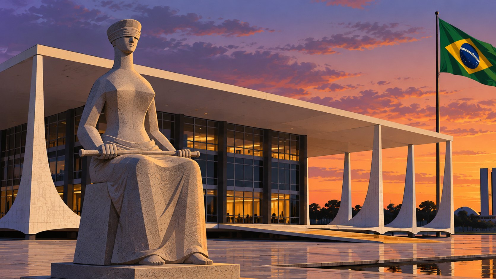 Ilustración editorial generada con IA: el edificio del Supremo Tribunal Federal en la Plaza de los Tres Poderes de Brasilia al atardecer, con la estatua de la Justicia con los ojos vendados en primer plano, una bandera de Brasil y las torres del Congreso al fondo; composición conceptual, no es una fotografía de la decisión.