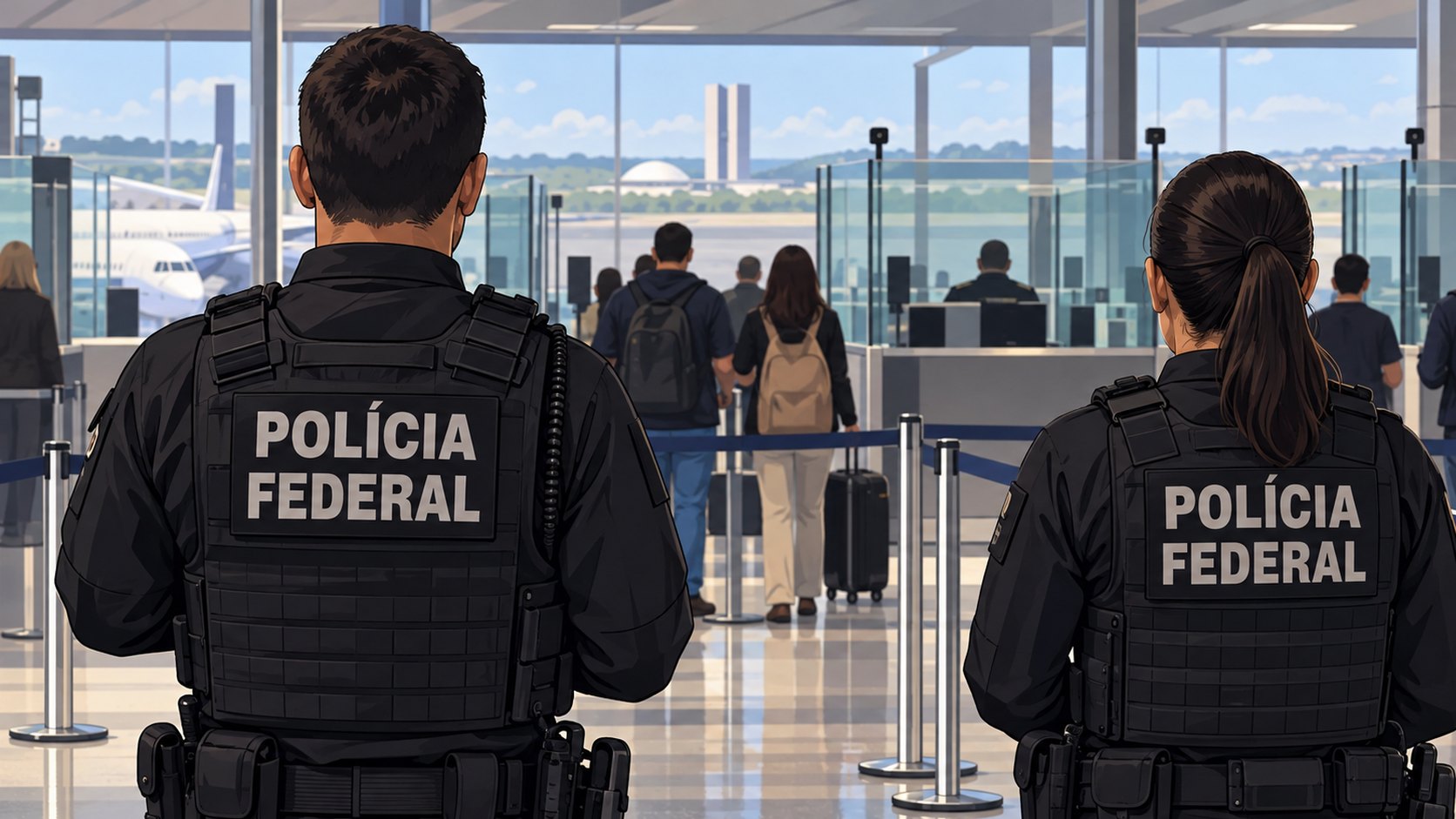 Ilustración editorial generada con IA: dos agentes de la Policía Federal de Brasil, de espaldas y con chalecos con la inscripción «Polícia Federal», junto al control migratorio de llegadas de un aeropuerto de Brasilia; composición conceptual, no es una fotografía de un operativo real.