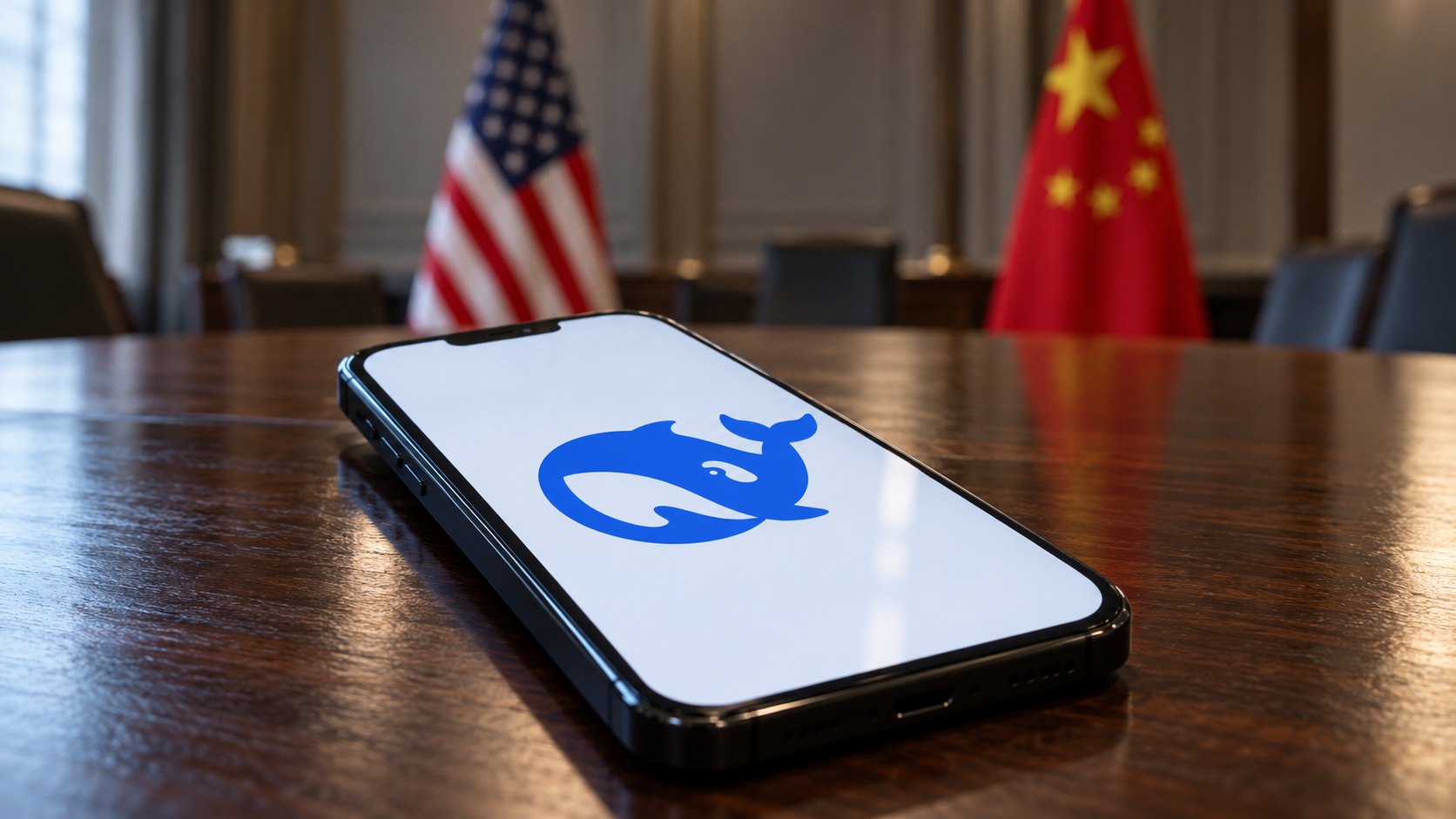 Ilustración editorial generada con IA: un teléfono celular con la aplicación de DeepSeek abierta sobre una mesa de reuniones, con banderas de Estados Unidos y de China desenfocadas al fondo de una sala oficial; composición conceptual, no es una fotografía de una reunión real.