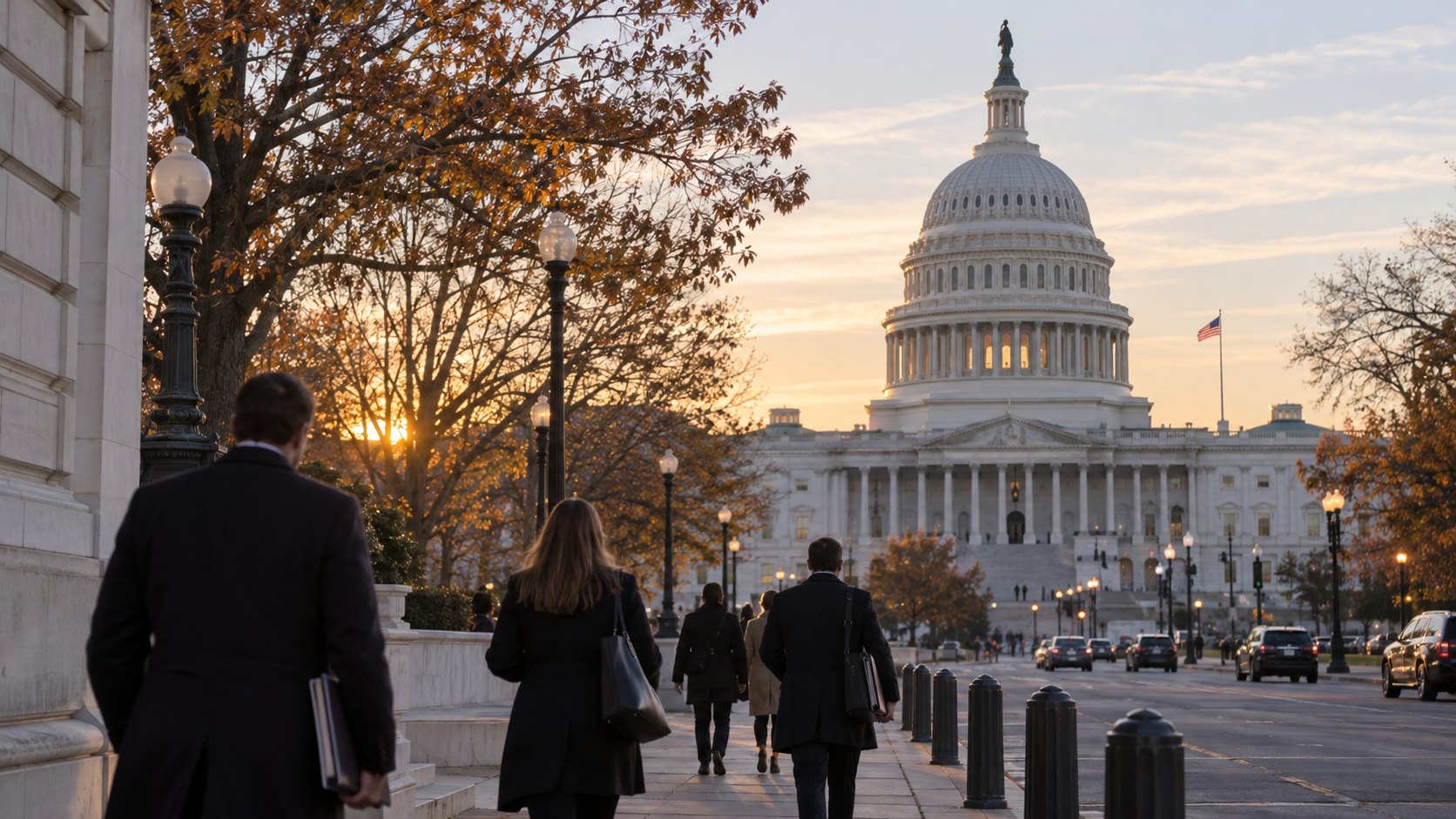 Ilustración editorial generada con IA: empleados de espaldas caminan con carpetas por una calle de Capitol Hill al atardecer, con el Capitolio de Estados Unidos al fondo; composición conceptual, no es una fotografía de un hecho real.