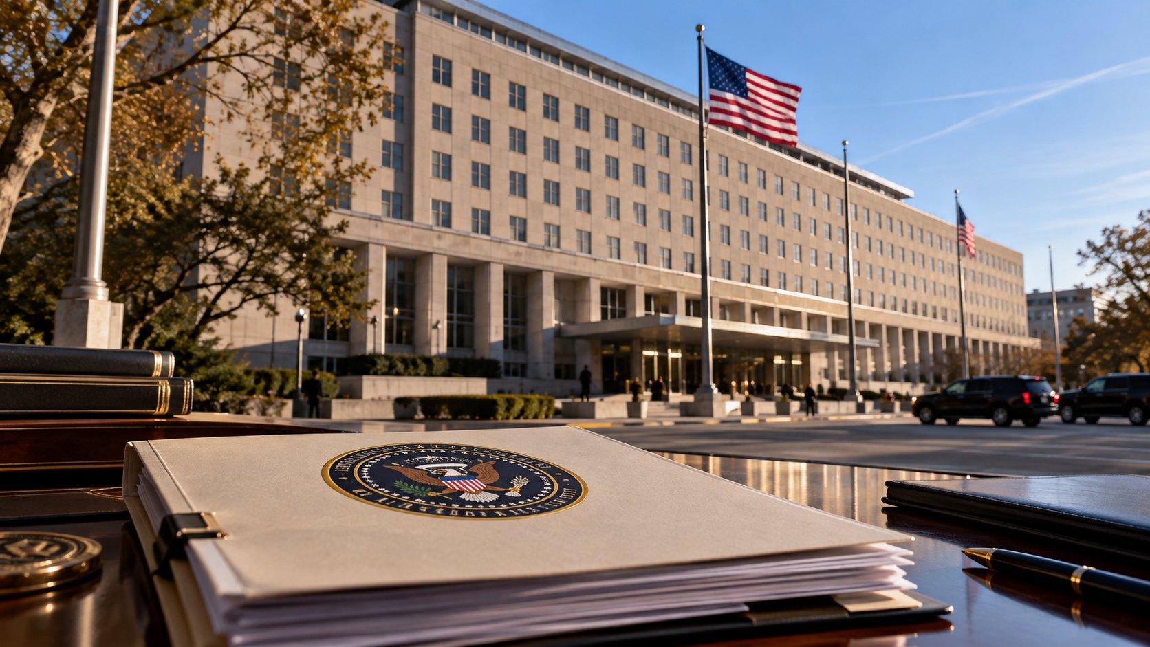 Ilustración editorial generada con IA: una carpeta con el sello del Director de Inteligencia Nacional de EE.UU. sobre un escritorio, frente al edificio del Departamento de Estado en Washington con banderas estadounidenses; composición conceptual, no reproduce el memorando real.