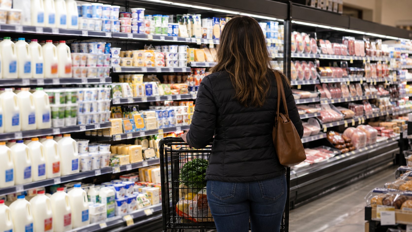 Ilustración editorial generada con IA: una clienta de espaldas empuja un carrito por el pasillo de lácteos y carnes de un supermercado de Estados Unidos; composición conceptual, no es una fotografía de un comercio real.