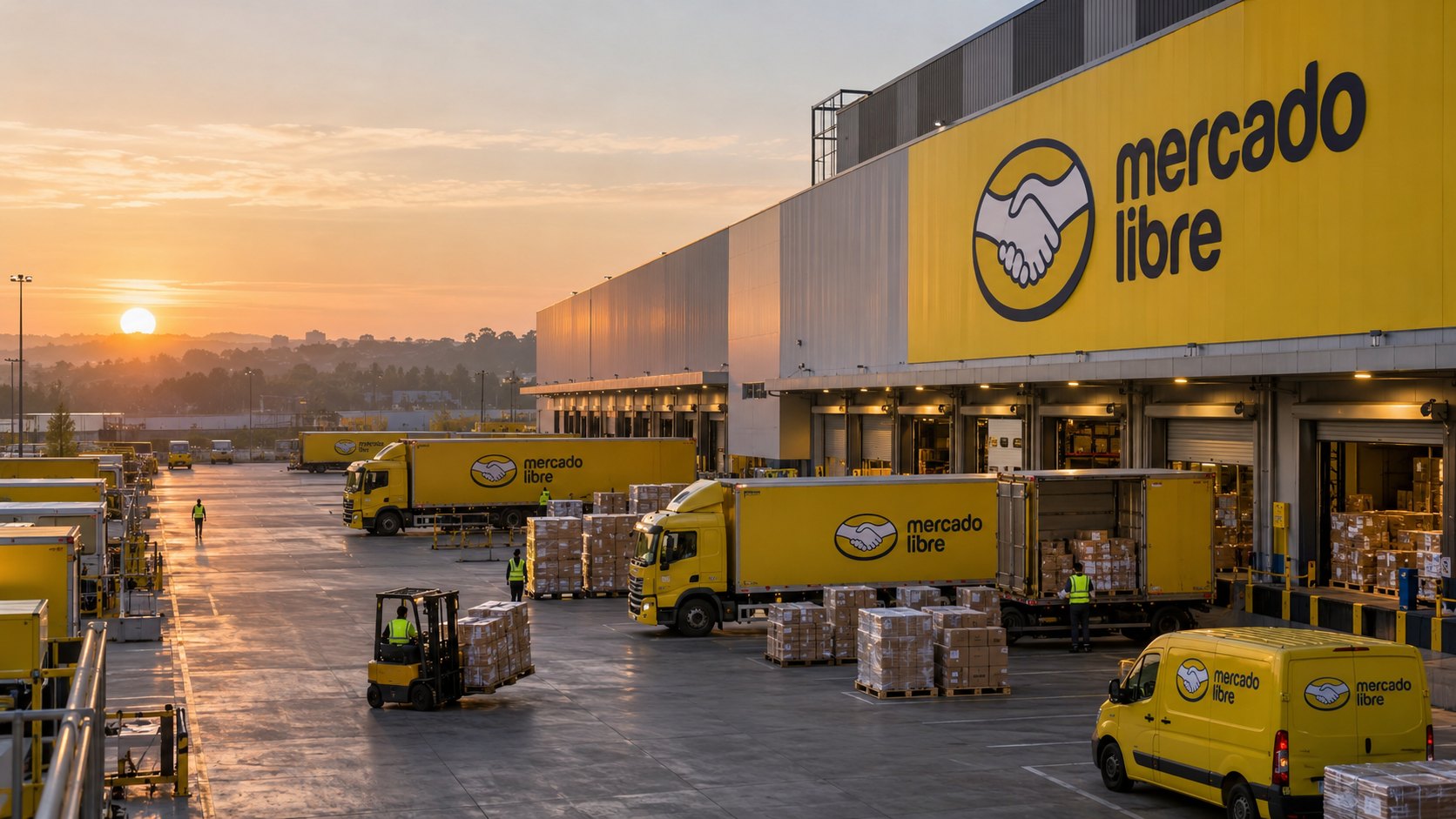 Ilustración editorial generada con IA: un gran centro de distribución con el logo de Mercado Libre en la fachada al atardecer, con camionetas y camiones amarillos de reparto y pallets de paquetes en el patio de carga; composición conceptual, no es una fotografía de una instalación real.