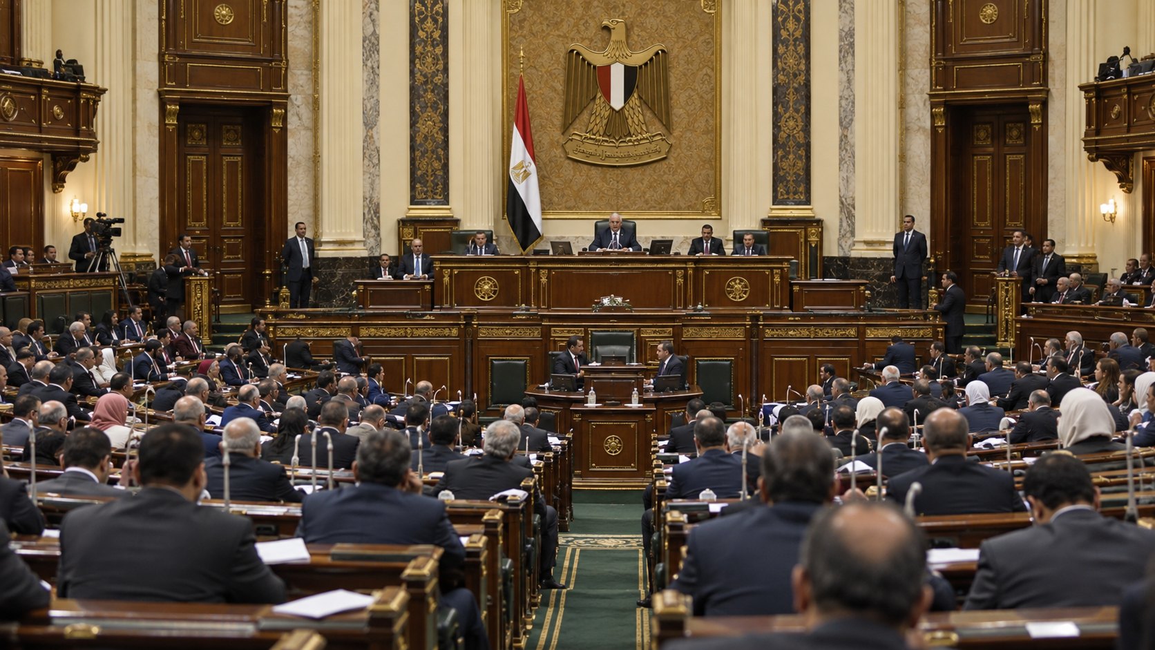 Ilustración editorial generada con IA: el recinto del Parlamento egipcio con diputados sentados en sus bancas durante una sesión, con la bandera de Egipto detrás del estrado; composición conceptual, no es una fotografía de la sesión real.