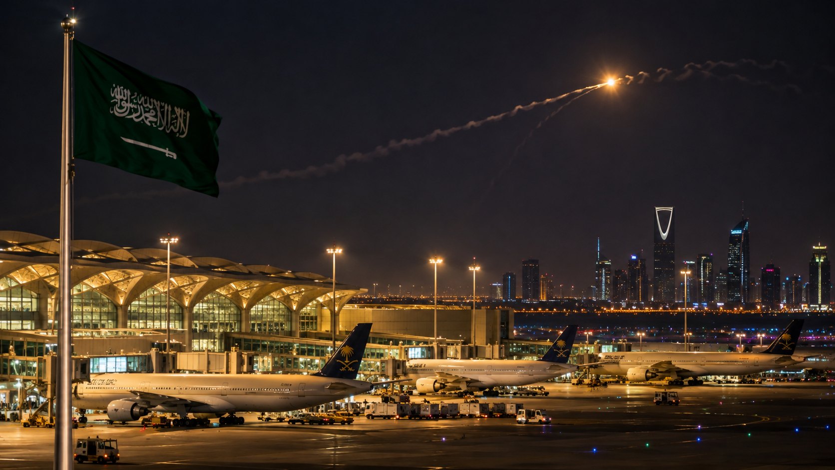 Ilustración editorial generada con IA: de noche, la estela de un misil interceptado ilumina el cielo sobre la terminal del aeropuerto de Riad, con aviones detenidos en la pista; composición conceptual, no es una fotografía de un ataque real.