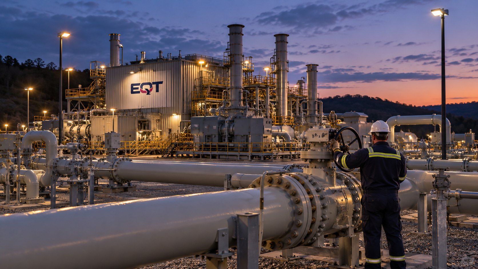 Ilustración editorial generada con IA: una estación compresora de gas natural con el logo de EQT al anochecer, con tuberías y un técnico de espaldas que acciona una válvula; composición conceptual, no es una fotografía de una instalación real.