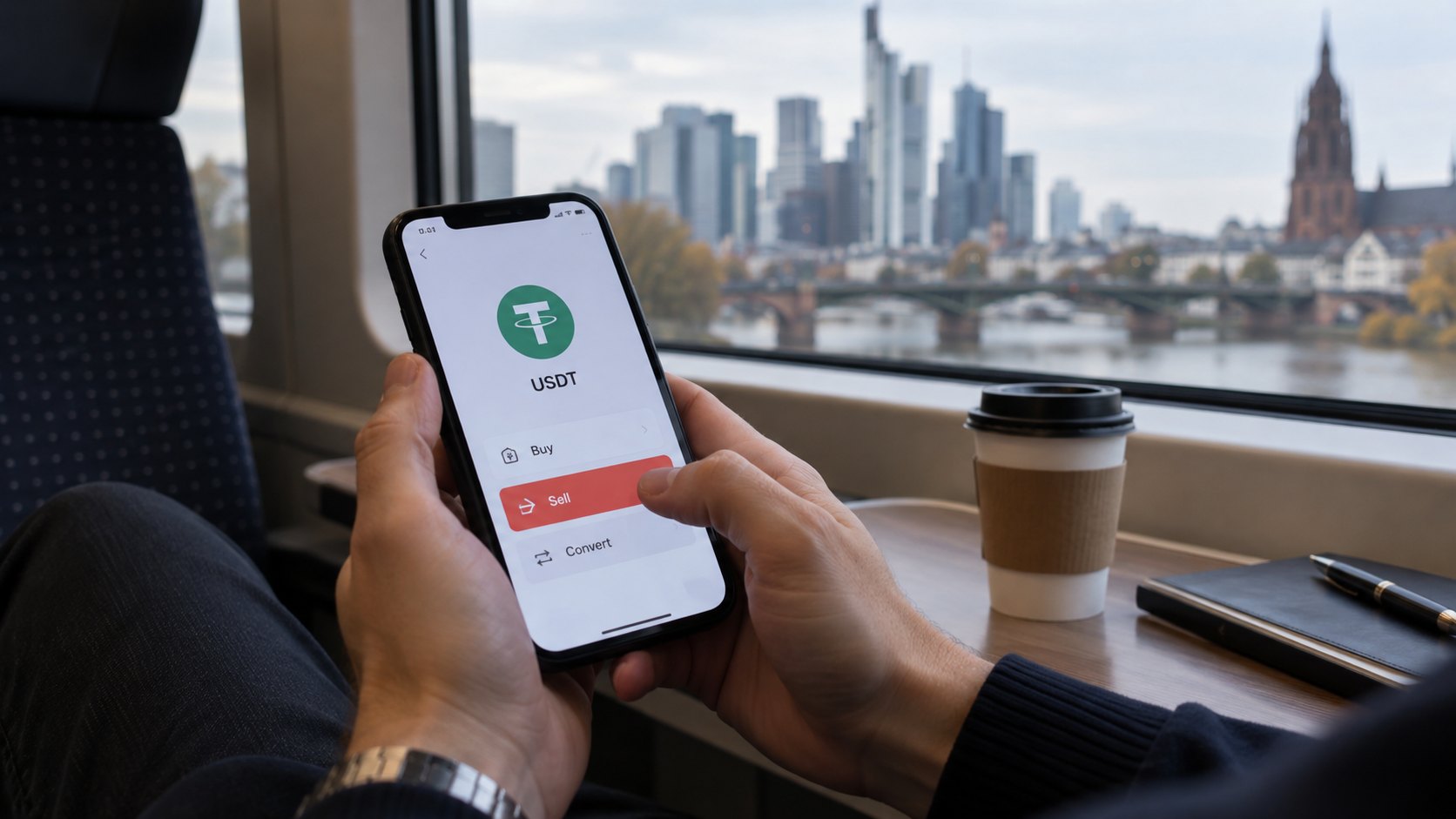 Ilustración editorial generada con IA: las manos de un usuario en un tren sostienen un celular con una app de exchange que muestra el logo de Tether (USDT) y los botones de comprar, vender y convertir, con el skyline de Fráncfort de fondo; composición conceptual, no es una captura de una plataforma real.