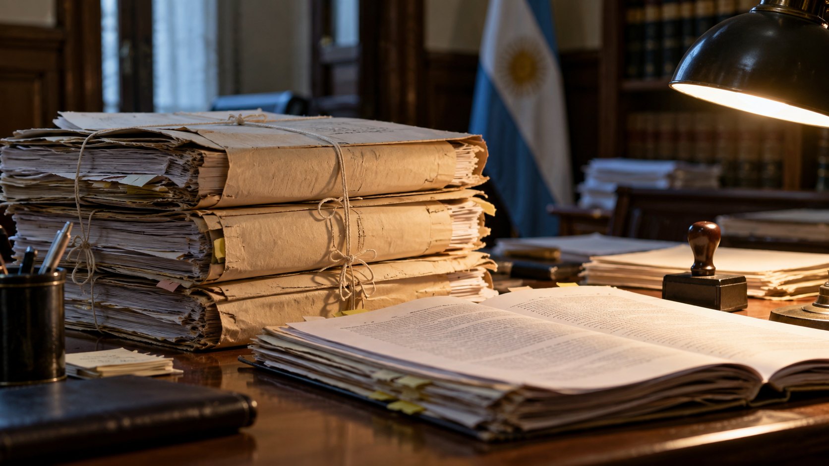 Ilustración editorial generada con IA: cuerpos de expediente cosidos con hilo y una resolución abierta sobre el escritorio de madera de un despacho judicial, con un sello de goma, una lámpara y la bandera argentina al fondo; composición conceptual, no es el expediente real de la causa.