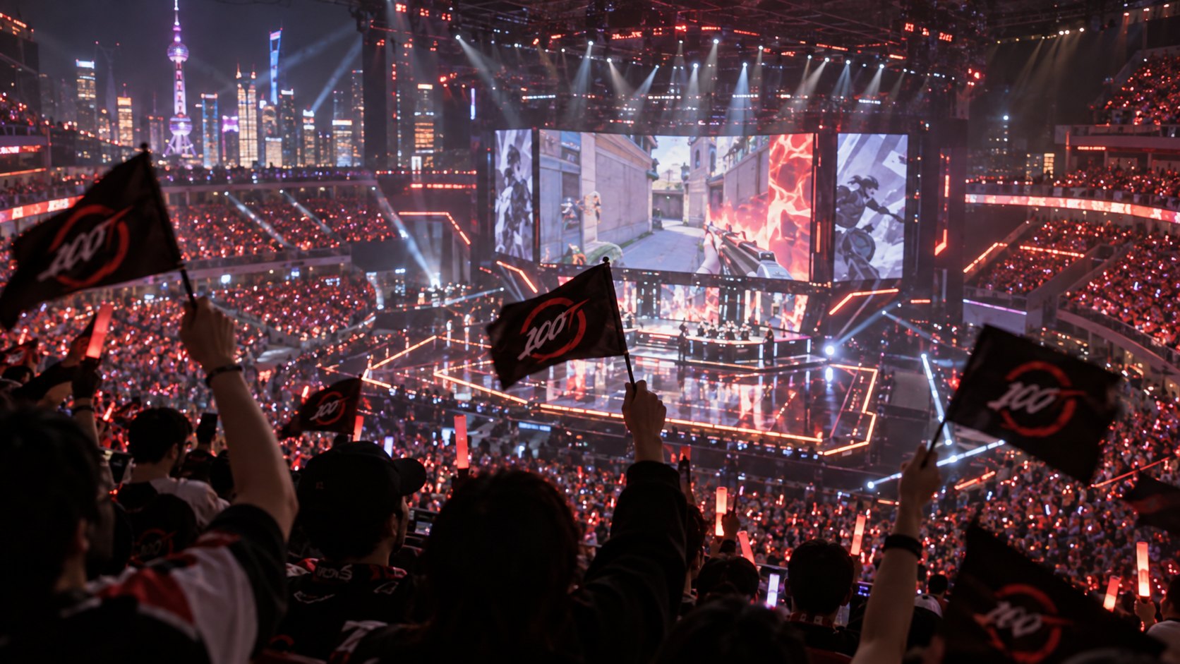 Ilustraci\u00f3n editorial generada con IA: hinchas en la tribuna agitan banderines negros y rojos de 100 Thieves frente al escenario iluminado de VALORANT Champions en Shangh\u00e1i, con la pantalla gigante y el estadio colmado; composici\u00f3n conceptual, no es una fotograf\u00eda del partido.