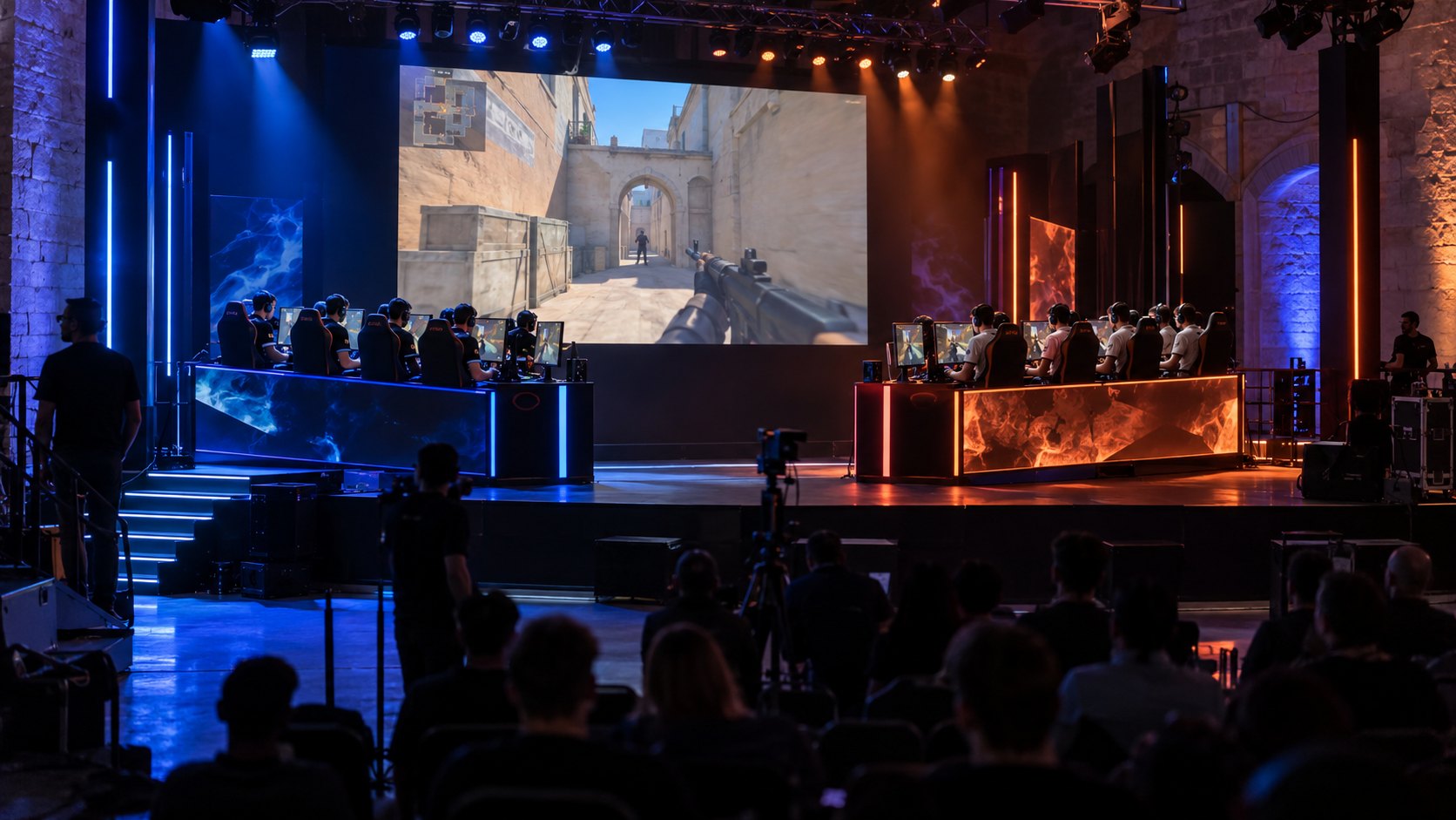 Ilustración editorial generada con IA: vista general de un estudio de e-sports con dos filas de cinco puestos enfrentados, una pantalla gigante con una partida de Counter-Strike 2 y público de espaldas; composición conceptual, no es una fotografía del torneo ni de BLAST Arena Studios.