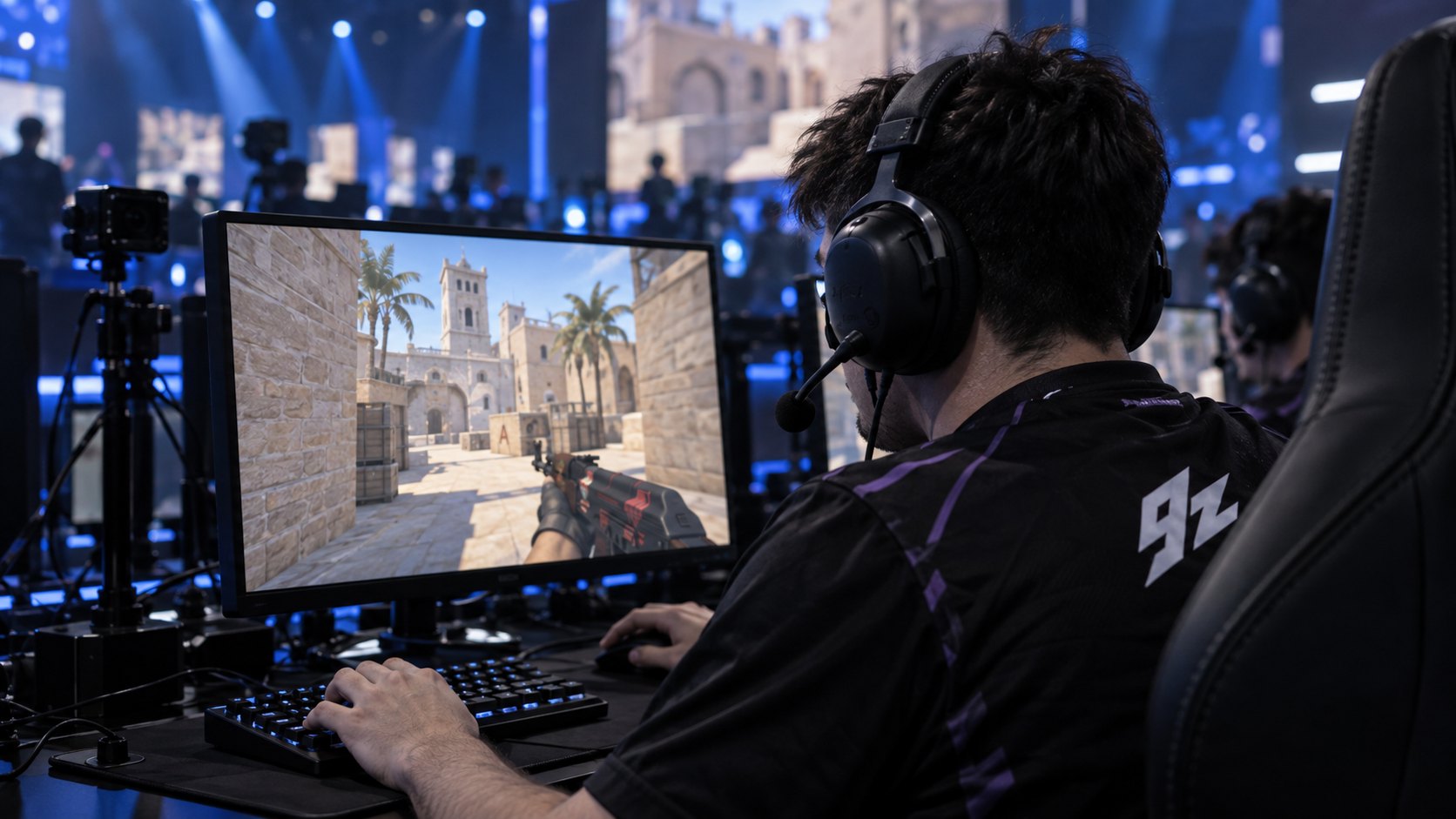 Ilustración editorial generada con IA: de espaldas y sobre el hombro, un jugador con camiseta negra con el logo de 9z y auriculares, con las manos en el teclado y el mouse, frente a un monitor con una partida de Counter-Strike 2 en un mapa de estilo mediterráneo, bajo luces azules de escenario; composición conceptual, no es una fotografía del partido.