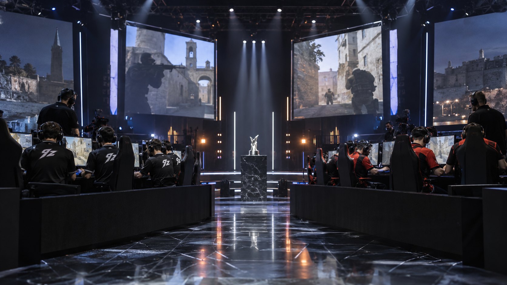 Ilustración editorial generada con IA: vista general de un estudio de e-sports con dos filas de cabinas enfrentadas, jugadores con camisetas negras de 9z de un lado y rivales del otro, técnicos con auriculares, un trofeo en el centro del escenario y pantallas gigantes con Counter-Strike 2; composición conceptual, no es una fotografía del torneo ni de BLAST Arena Studios.