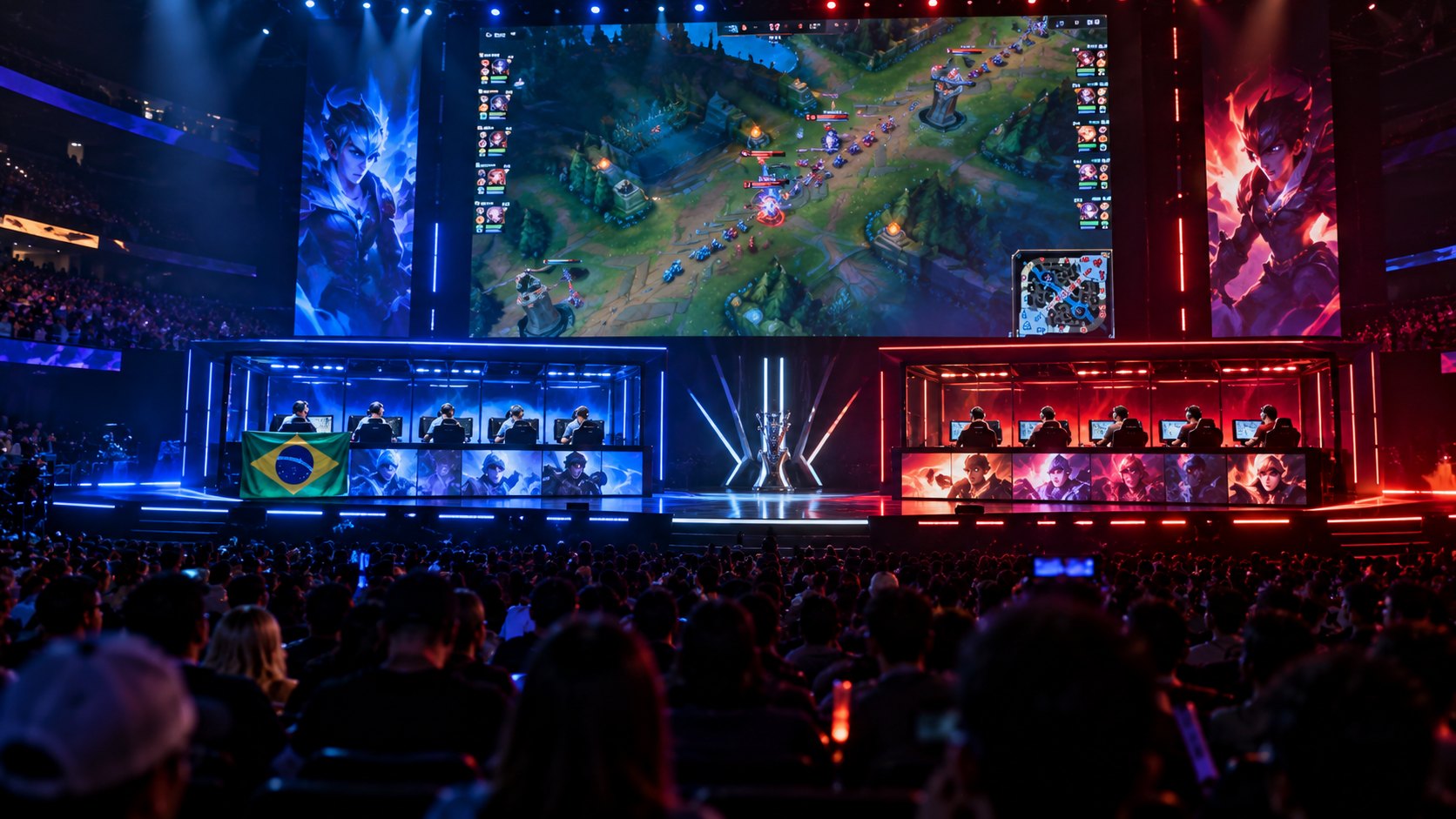 Ilustración editorial generada con IA: el escenario de un mundial de League of Legends con dos equipos en cabinas iluminadas, una bandera de Brasil en una de ellas y una pantalla gigante con el mapa del juego; composición conceptual, no es una fotografía de Worlds 2026.