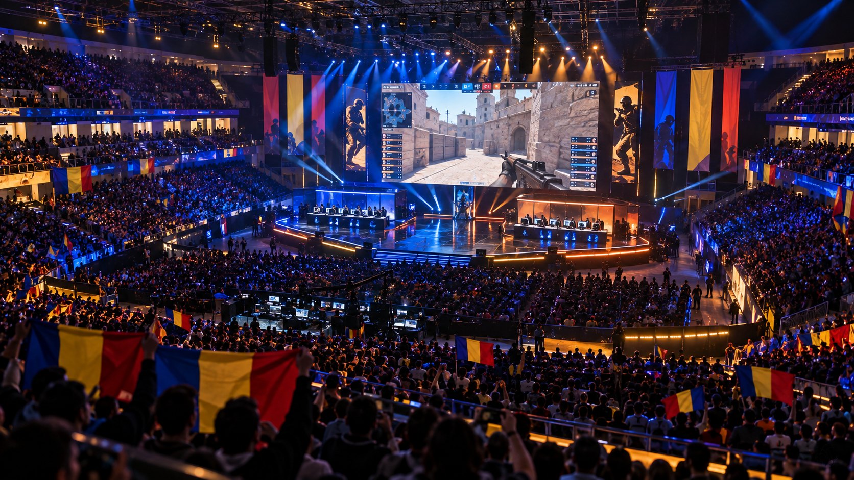 Ilustración editorial generada con IA: vista desde la tribuna de un estadio cubierto colmado durante un torneo de Counter-Strike 2, con banderas de Rumania y una pantalla gigante; composición conceptual, no es una fotografía del PGL Masters Bucharest.