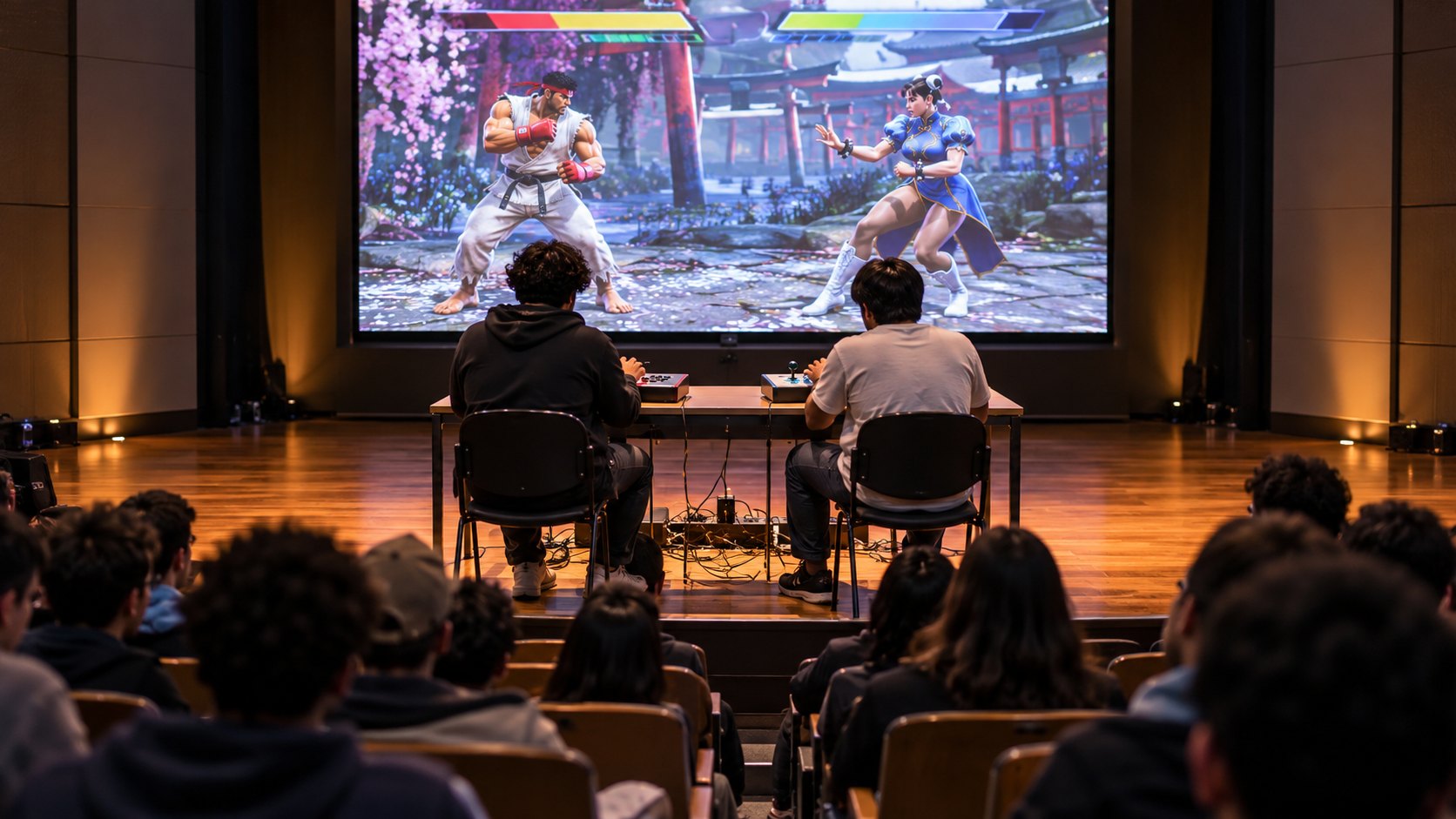 Ilustración editorial generada con IA: dos jugadores de espaldas con joysticks arcade compiten en Street Fighter 6 sobre el escenario de un auditorio universitario, frente a una pantalla grande y un público de estudiantes; no es una fotografía de un torneo real.